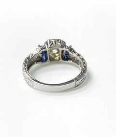 Bague en or 18 carats, diamant blanc de taille européenne ancienne et saphir bleu
