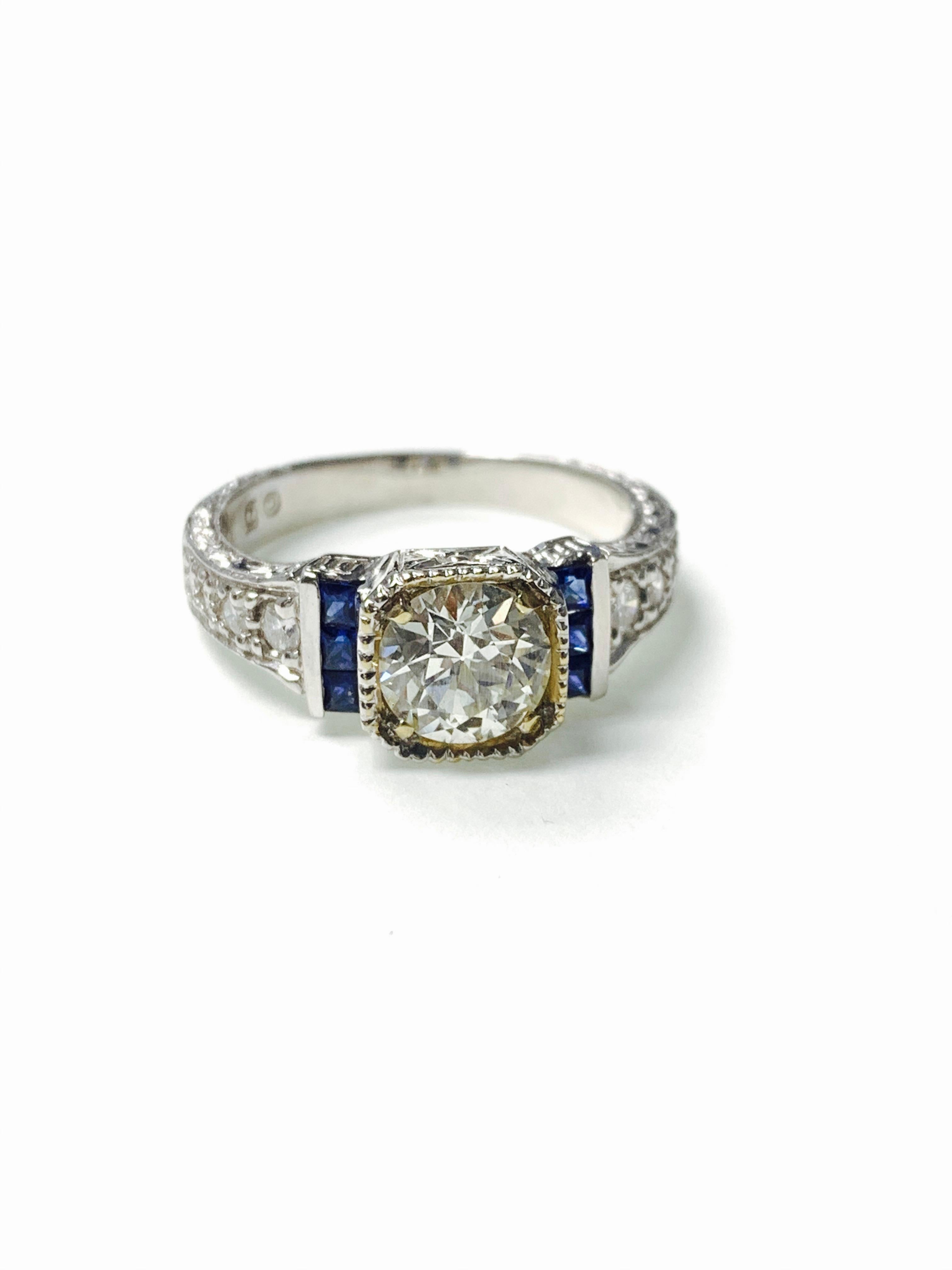 Women's White Old European Cut Diamond and Blue Sapphire Ring in 18 Karat Gold For Sale