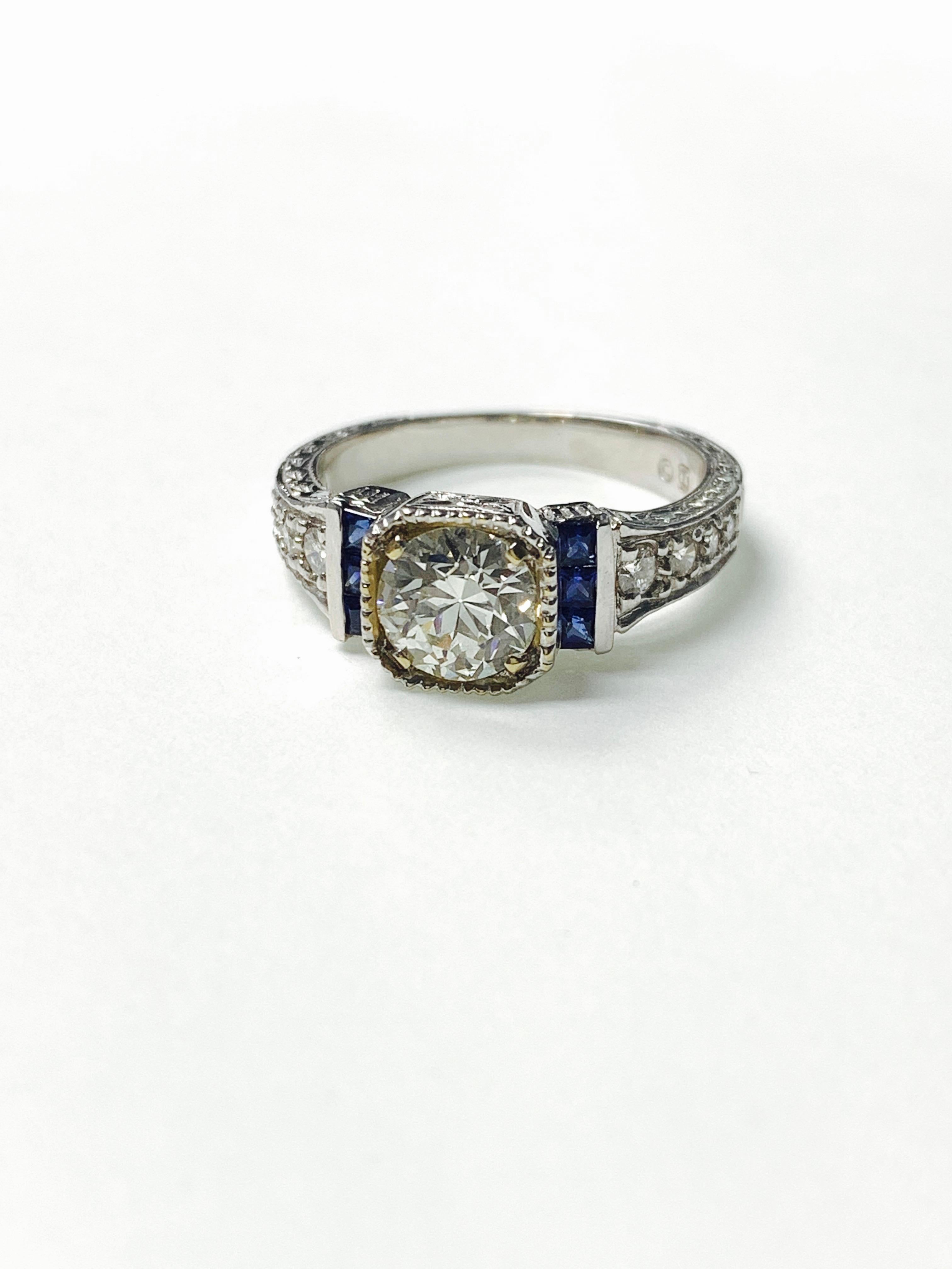 White Old European Cut Diamond and Blue Sapphire Ring in 18 Karat Gold For Sale 1