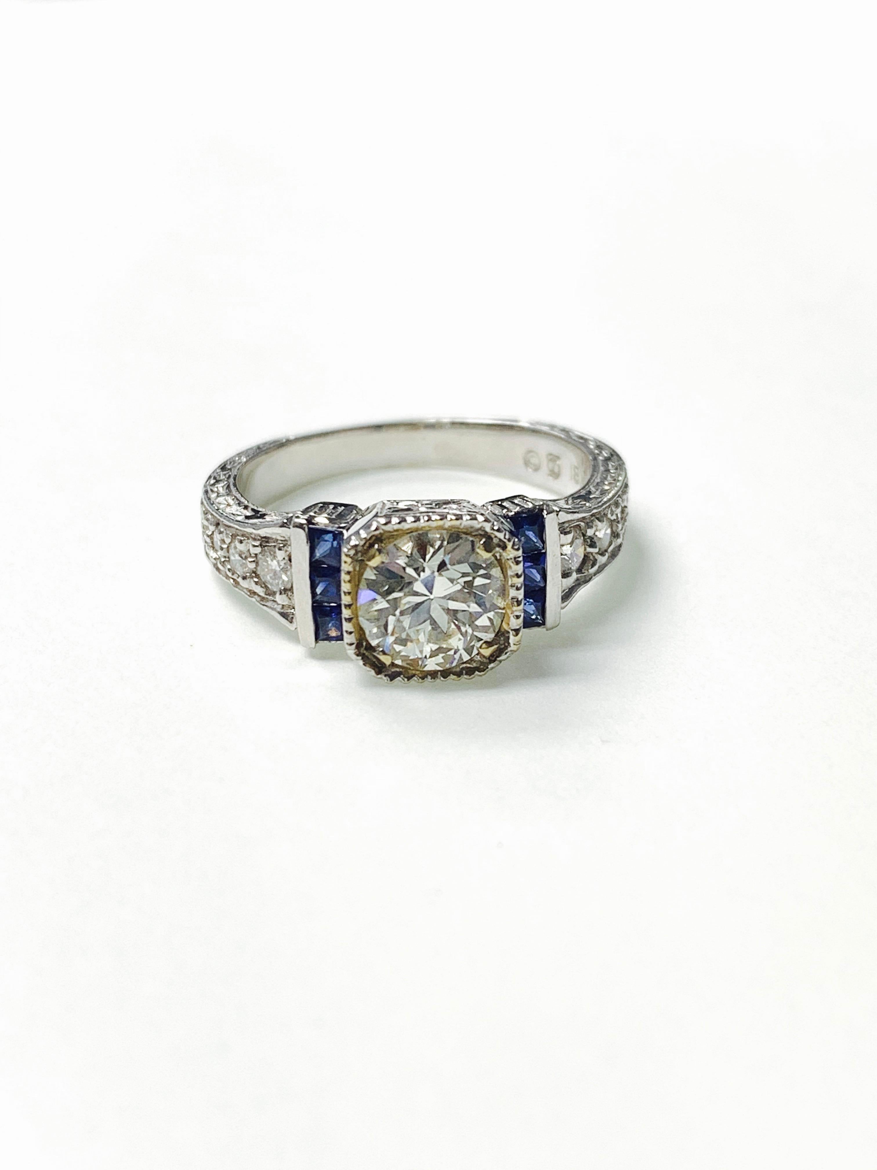 White Old European Cut Diamond and Blue Sapphire Ring in 18 Karat Gold For Sale 2