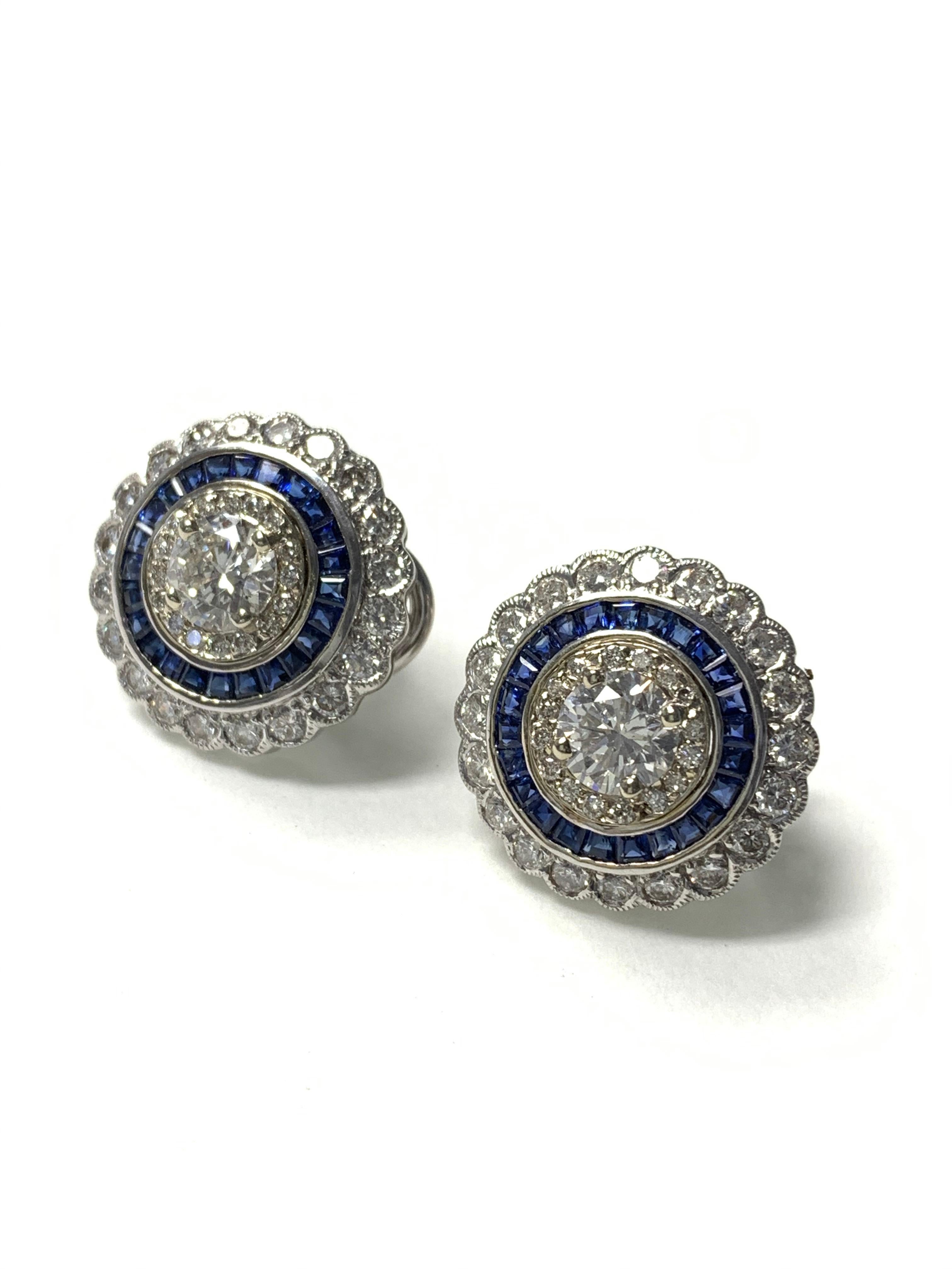 White Old European Cut Diamond and Blue Sapphire Stud Earrings in 18 Karat Gold For Sale 7