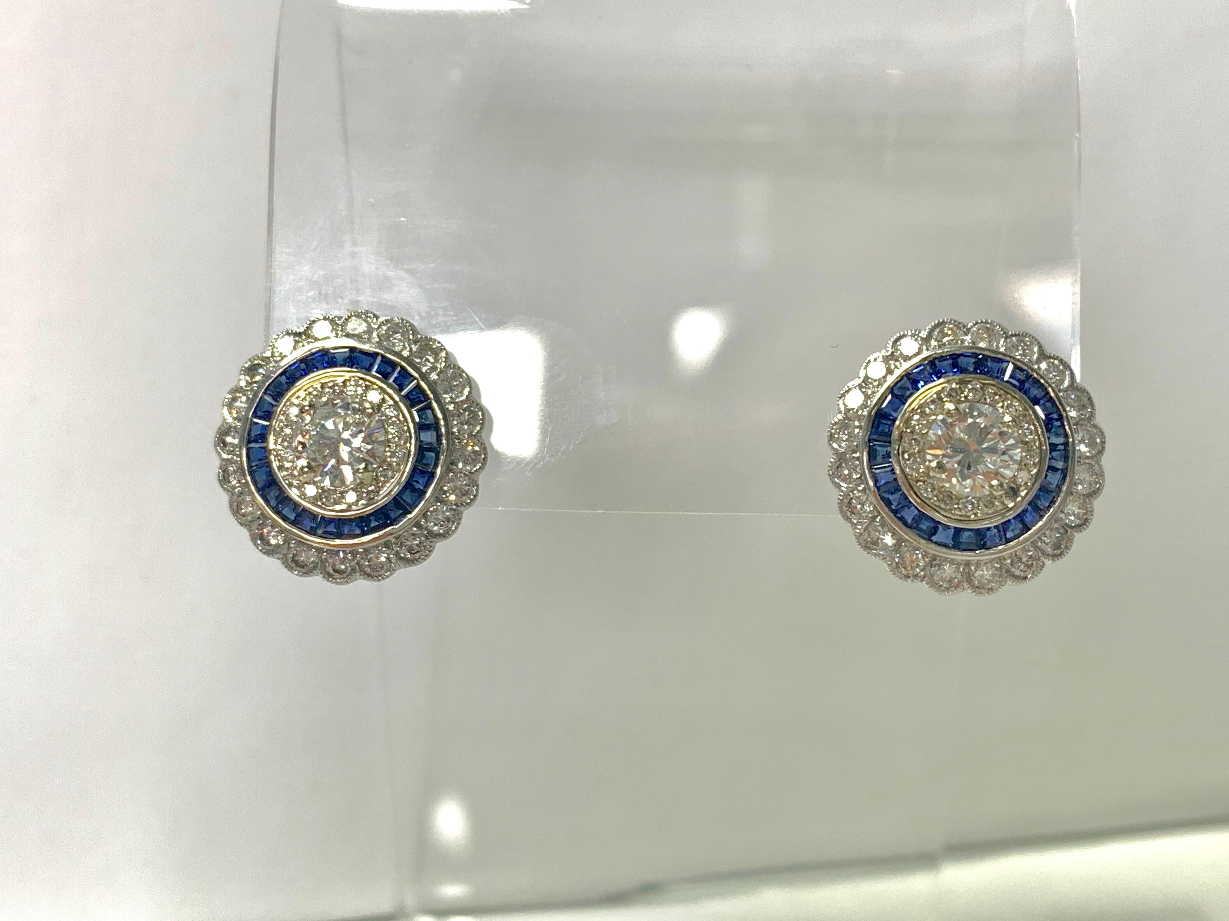 White Old European Cut Diamond and Blue Sapphire Stud Earrings in 18 Karat Gold For Sale 8