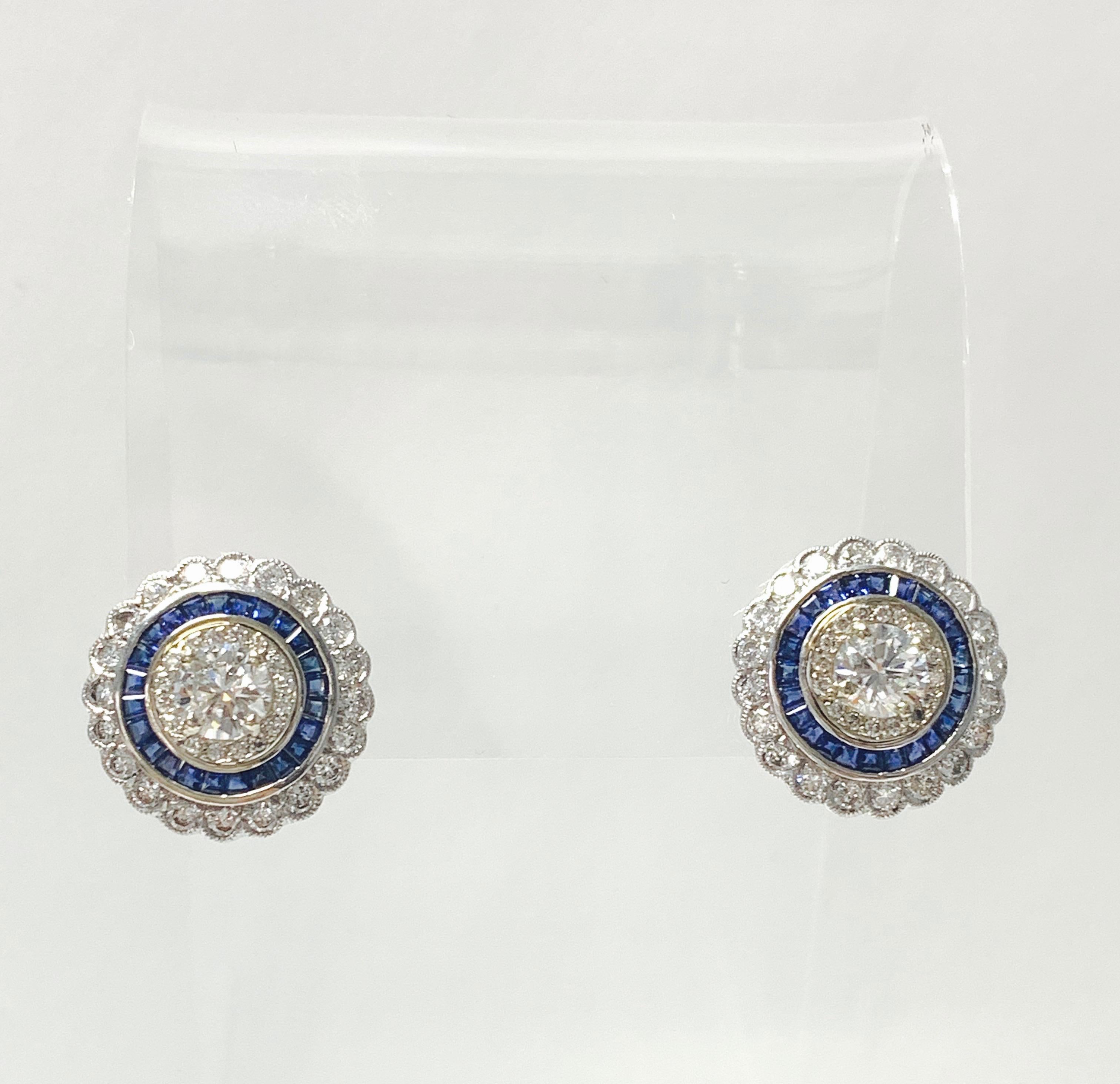 White Old European Cut Diamond and Blue Sapphire Stud Earrings in 18 Karat Gold For Sale 9