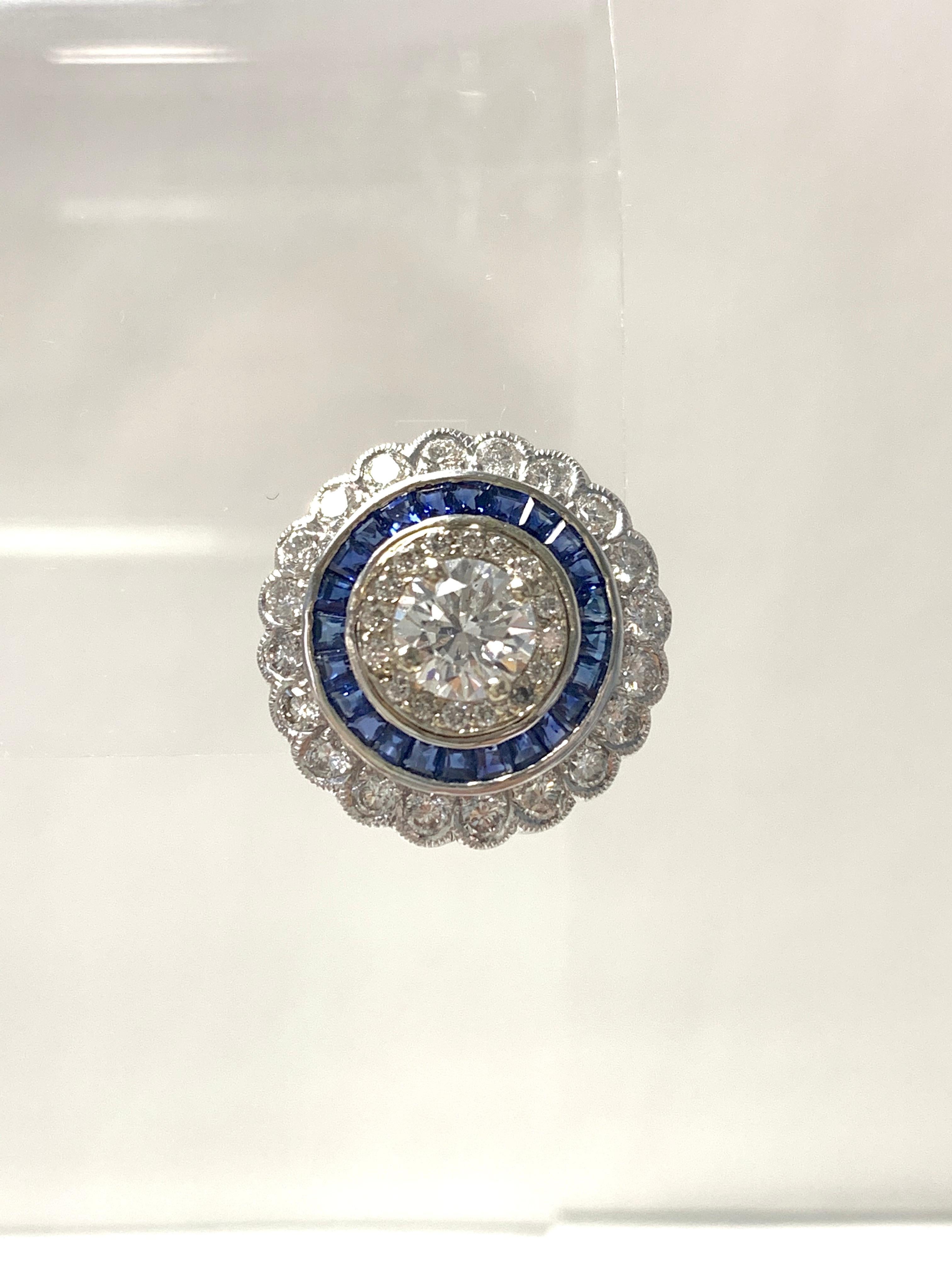 White Old European Cut Diamond and Blue Sapphire Stud Earrings in 18 Karat Gold For Sale 10