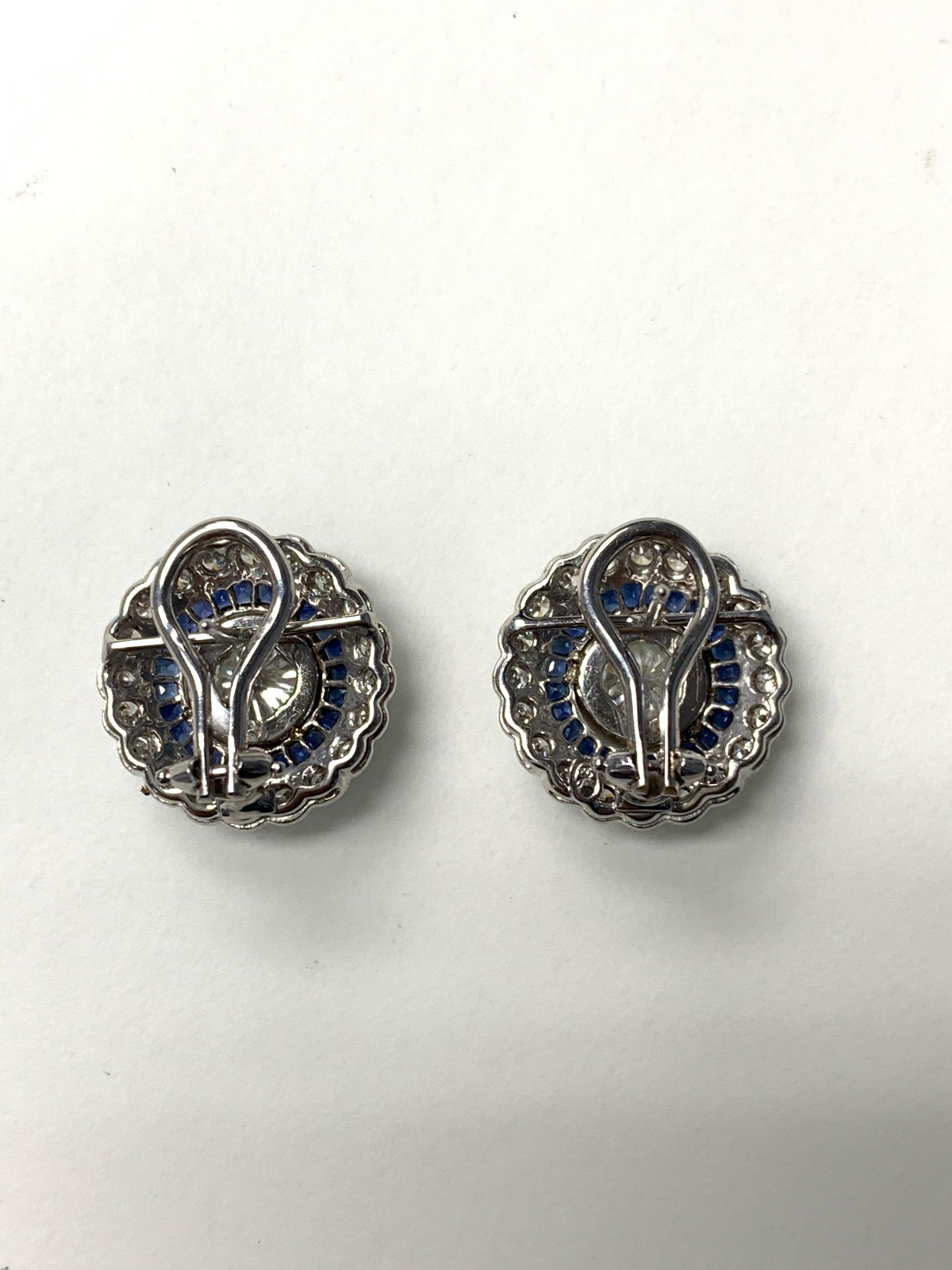 White Old European Cut Diamond and Blue Sapphire Stud Earrings in 18 Karat Gold For Sale 15