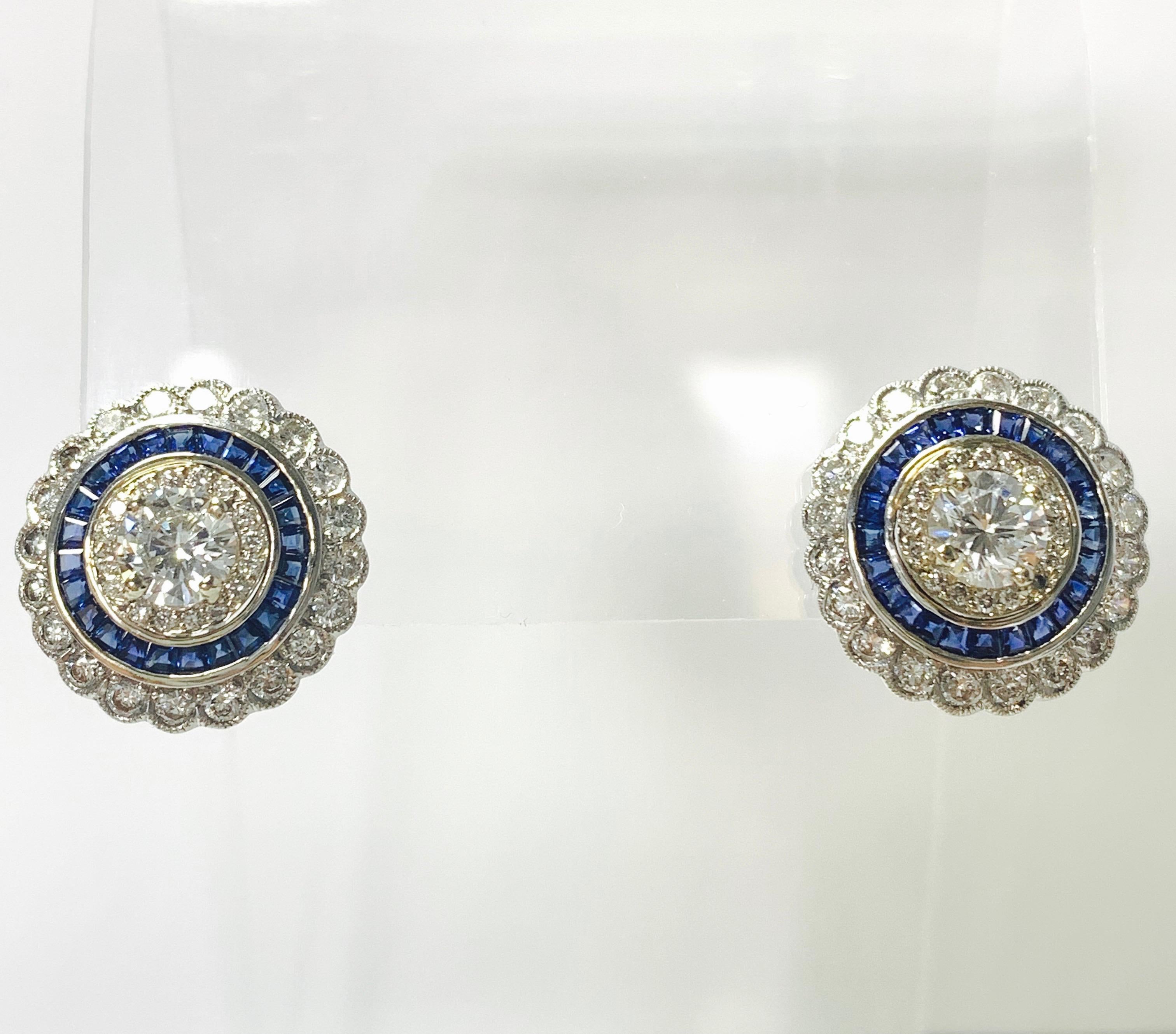 White Old European Cut Diamond and Blue Sapphire Stud Earrings in 18 Karat Gold For Sale 1