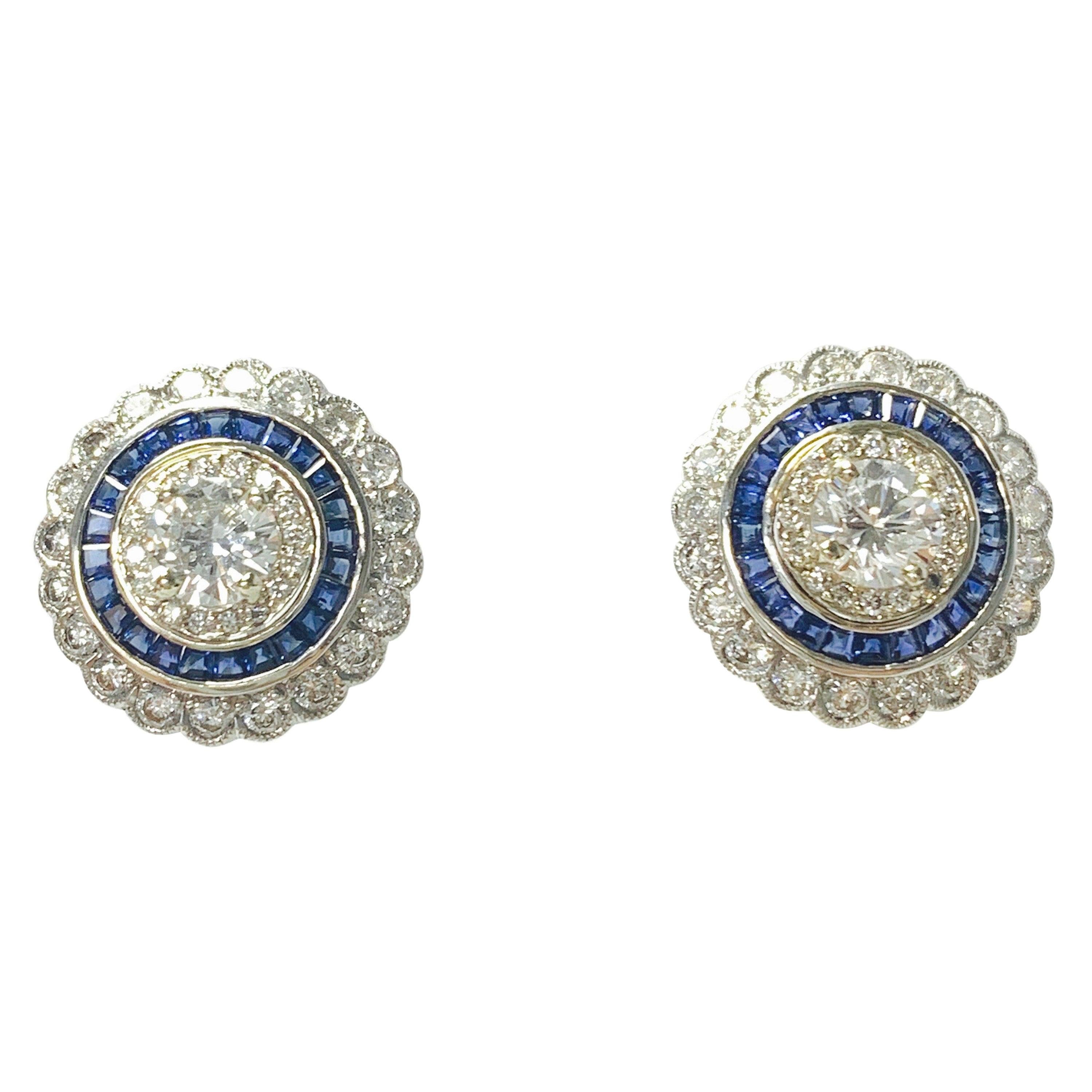 White Old European Cut Diamond and Blue Sapphire Stud Earrings in 18 Karat Gold For Sale