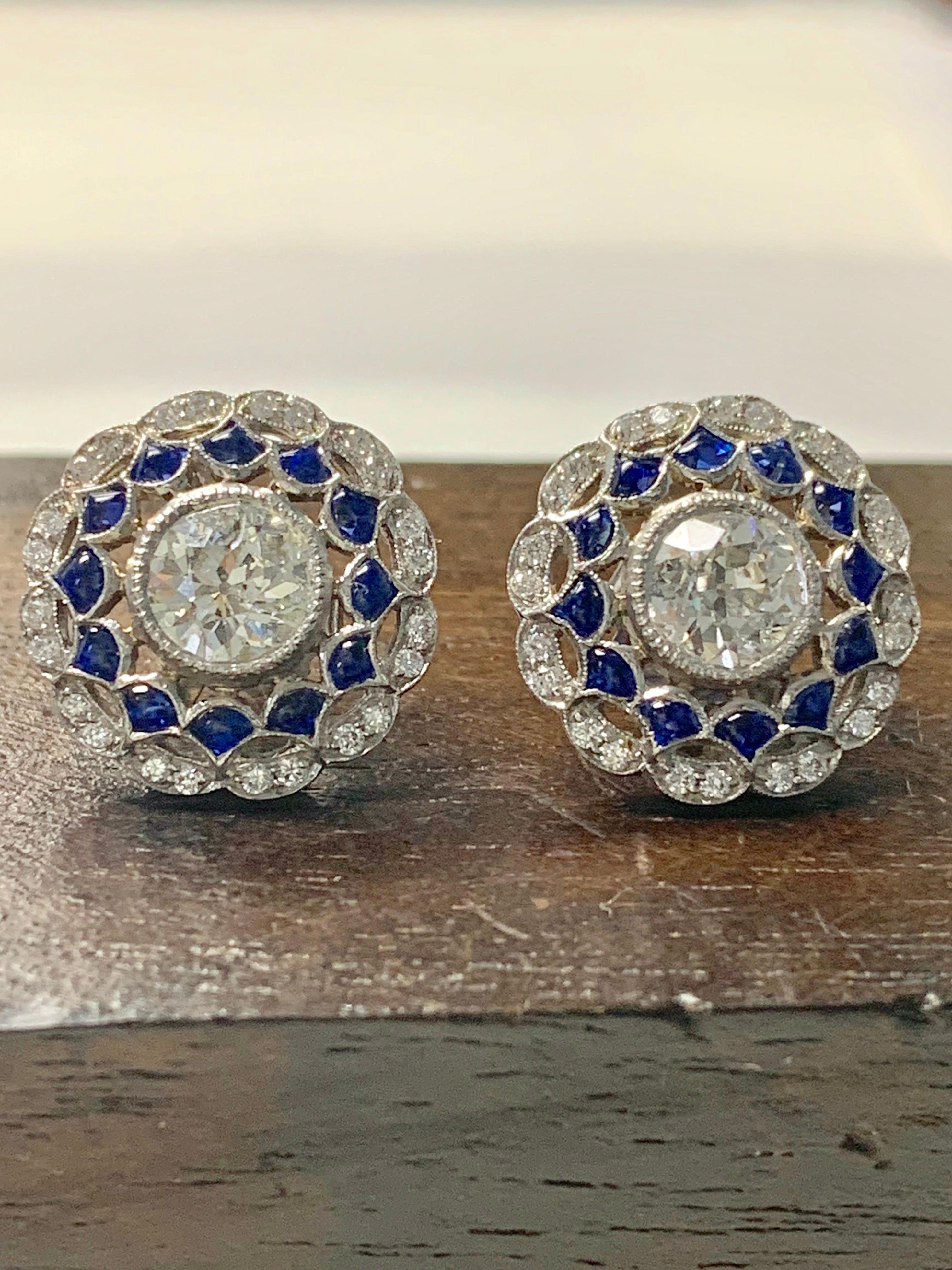 Women's White Old European Cut Diamond and Blue Sapphire Stud Earrings in Platinum For Sale