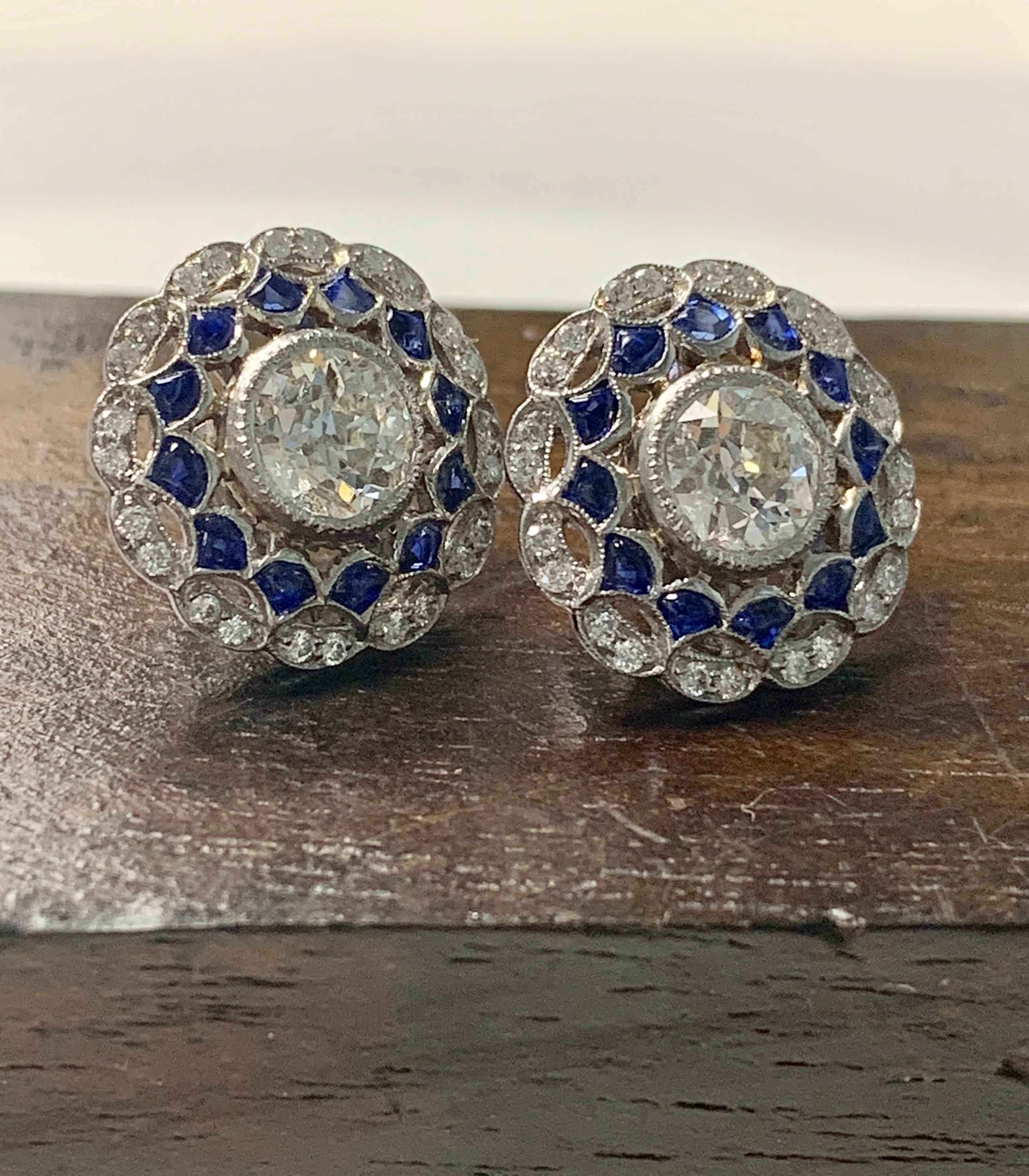 White Old European Cut Diamond and Blue Sapphire Stud Earrings in Platinum For Sale 1