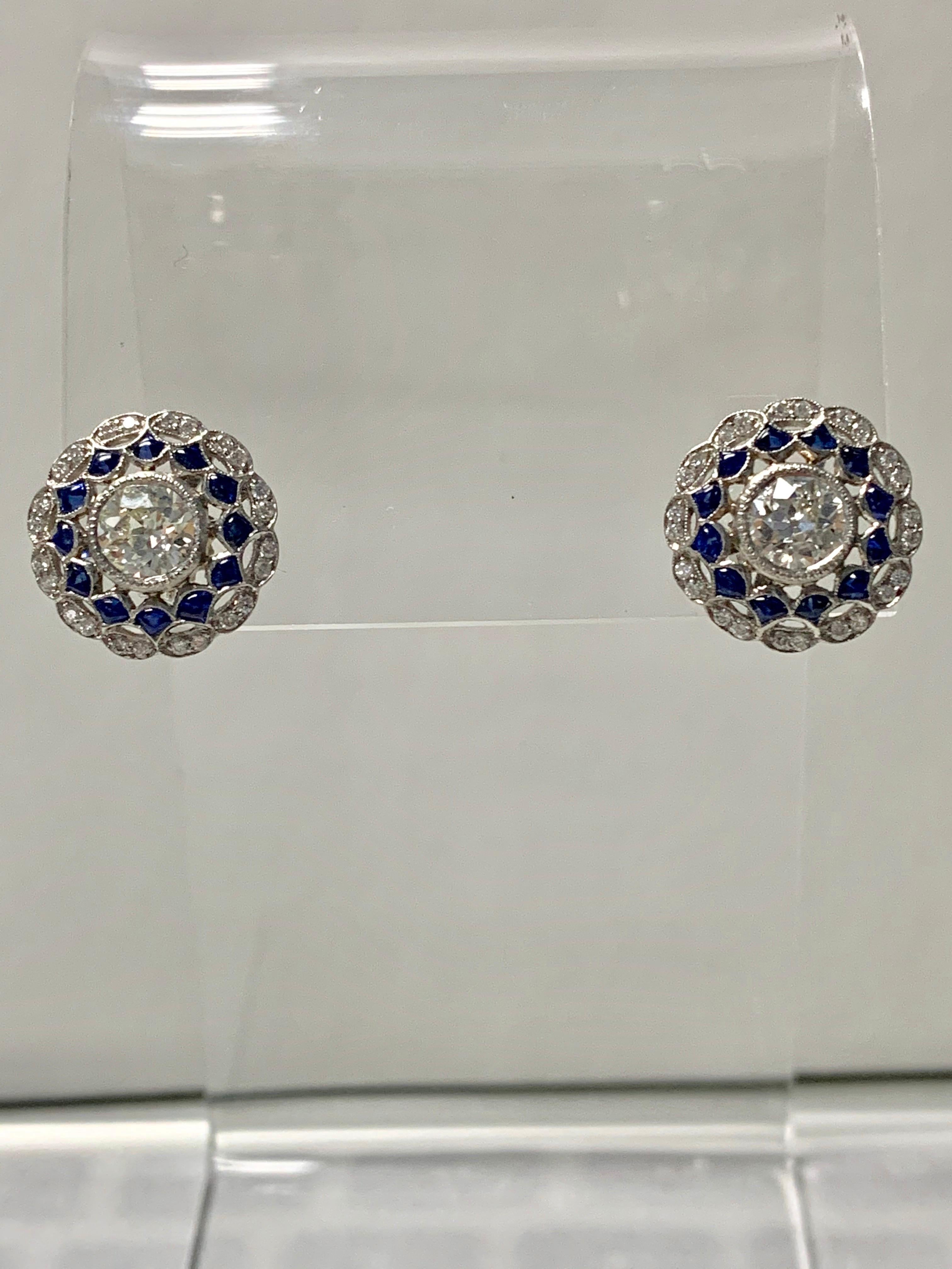 White Old European Cut Diamond and Blue Sapphire Stud Earrings in Platinum For Sale 2