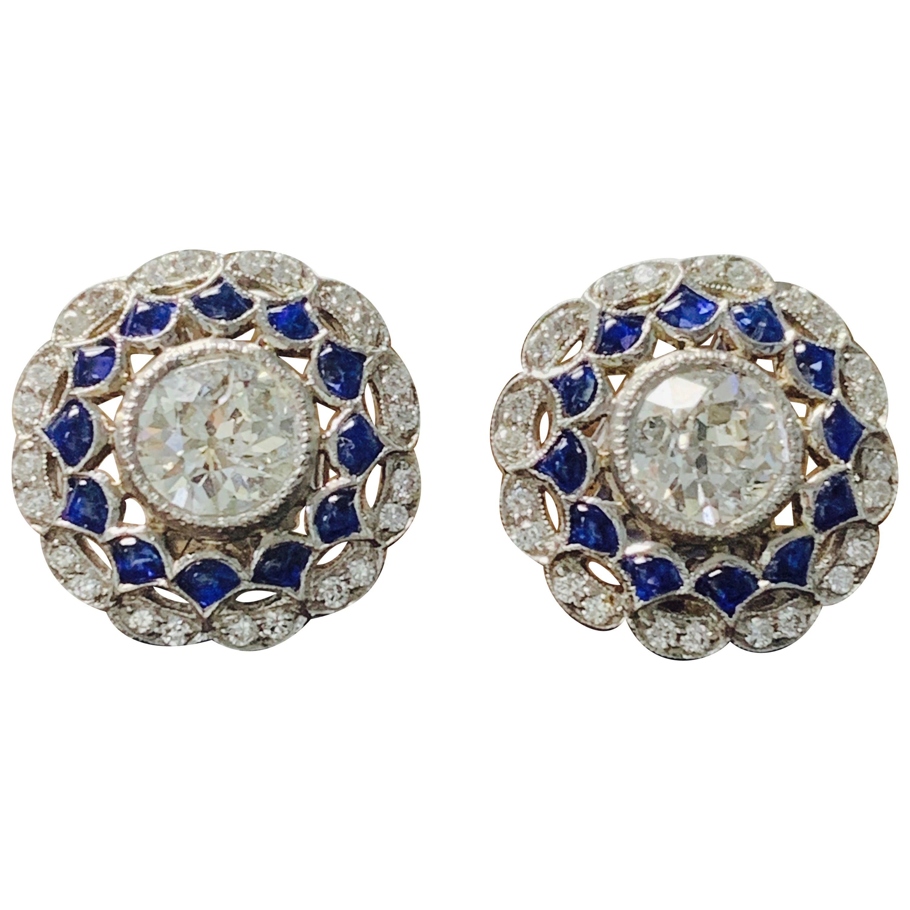 White Old European Cut Diamond and Blue Sapphire Stud Earrings in Platinum For Sale
