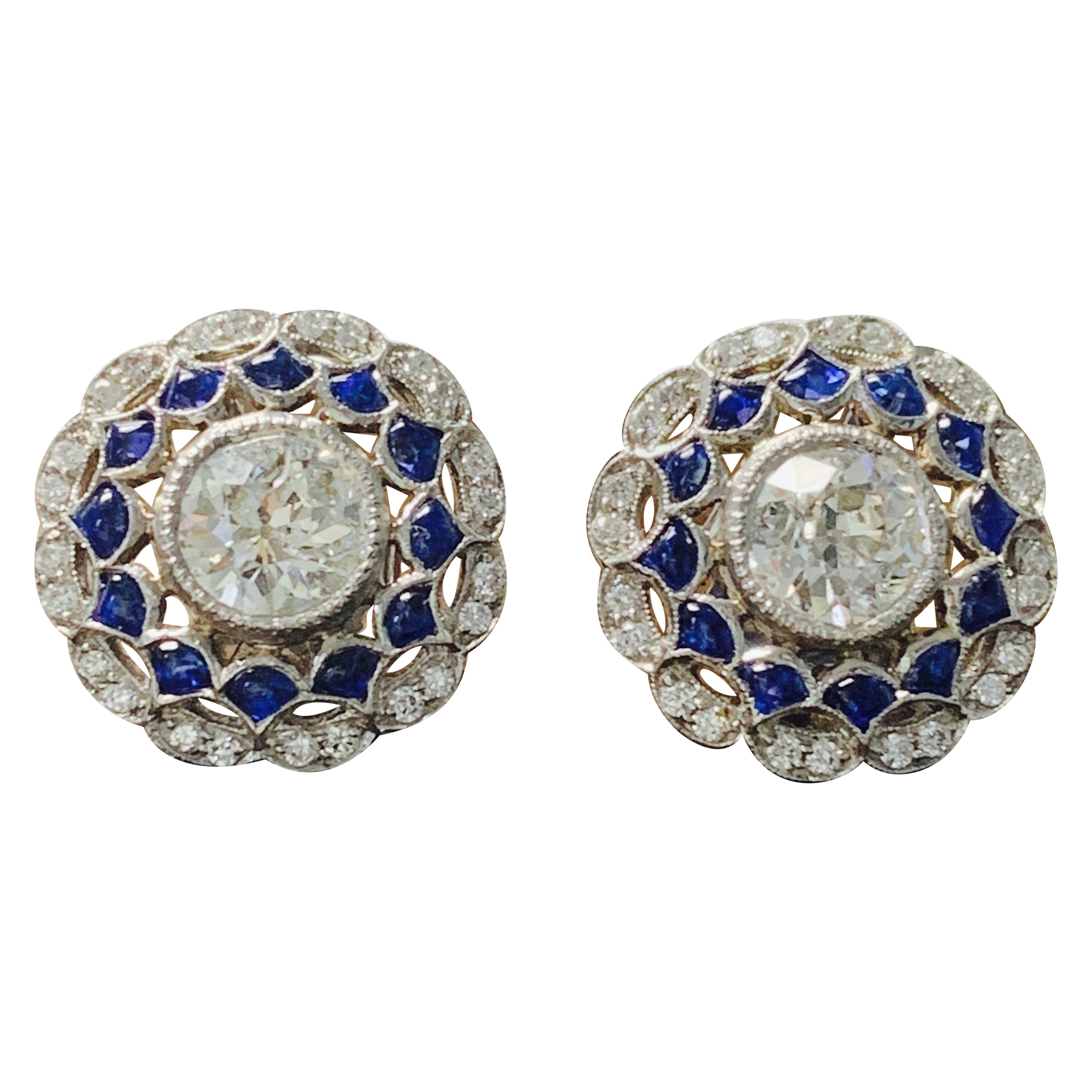 White Old European Cut Diamond and Blue Sapphire Stud Earrings in Platinum For Sale