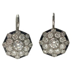 White Old European Cut Diamond and Onyx Dangle Earrings in Platinum