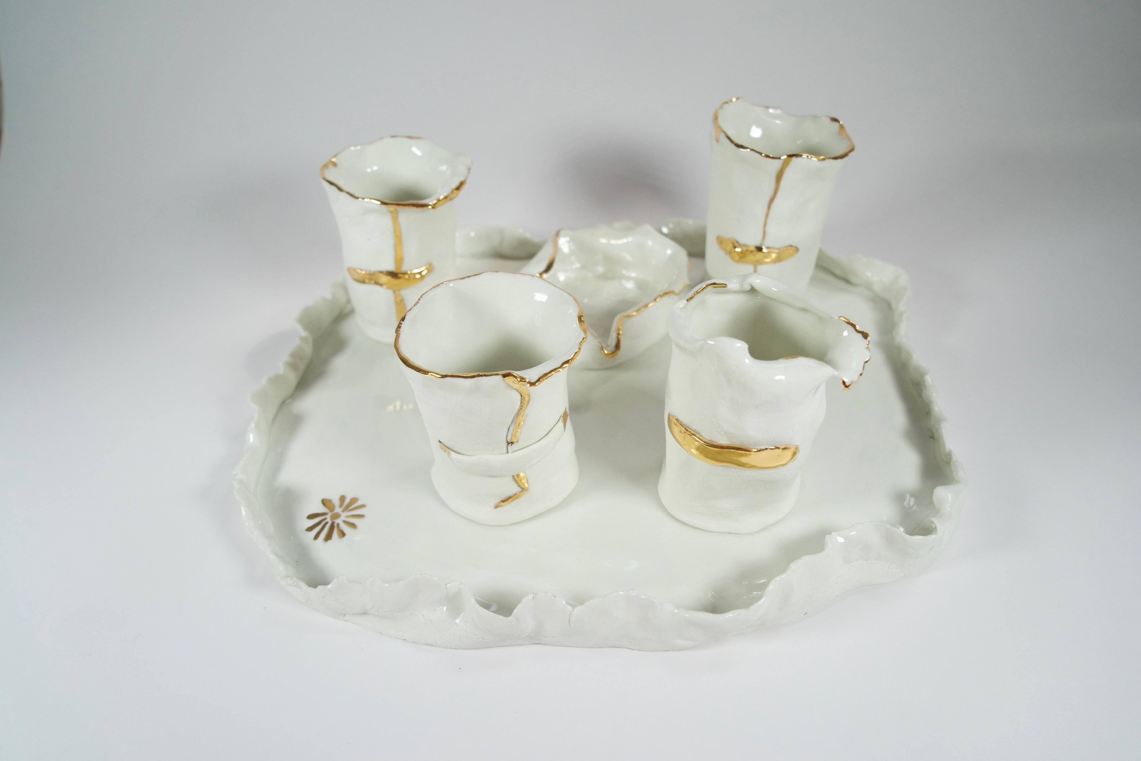 Romantic White on Gold Coffee Set by artist- designer Hania Jneid For Sale