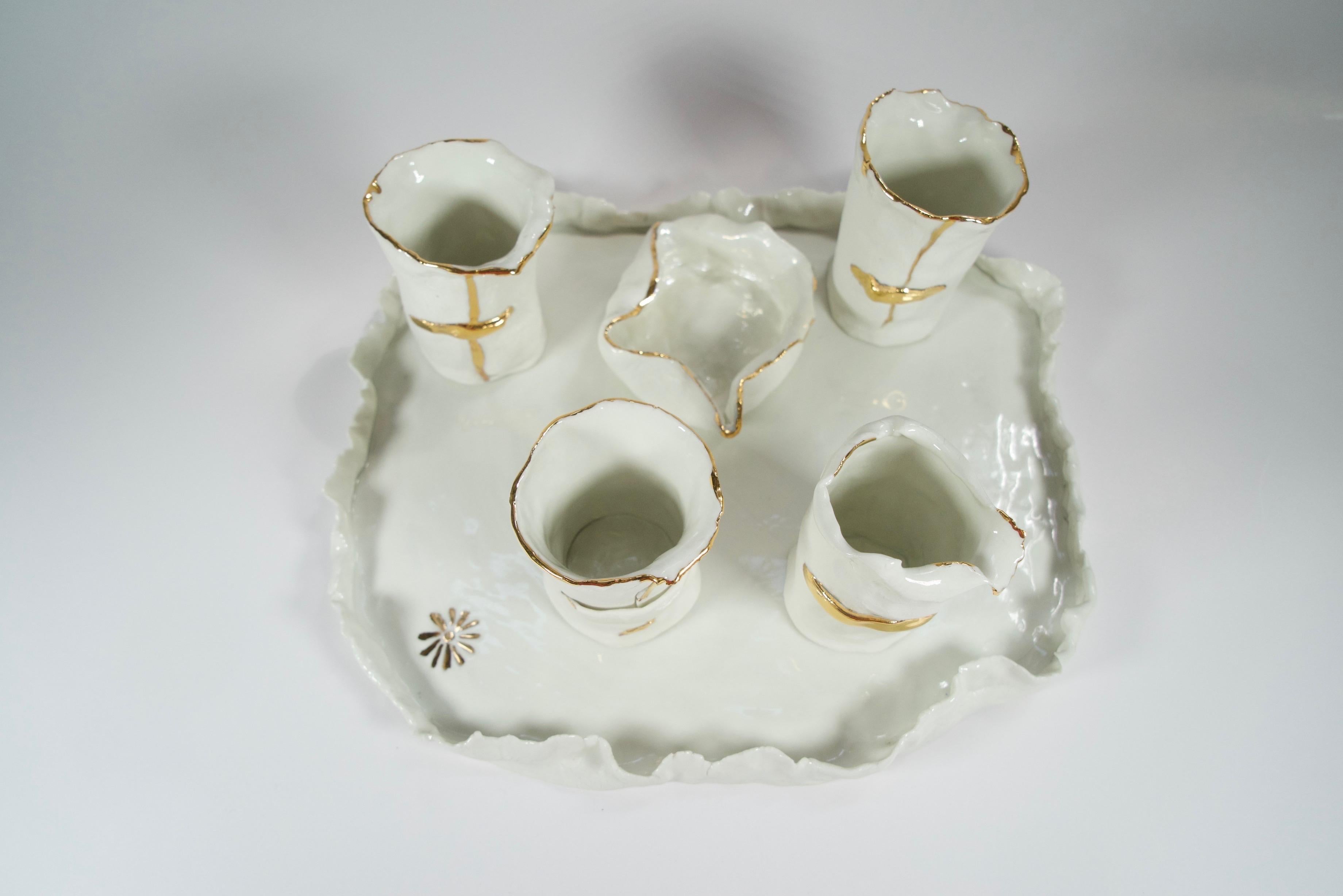 Spanish White on Gold Coffee Set by artist- designer Hania Jneid For Sale