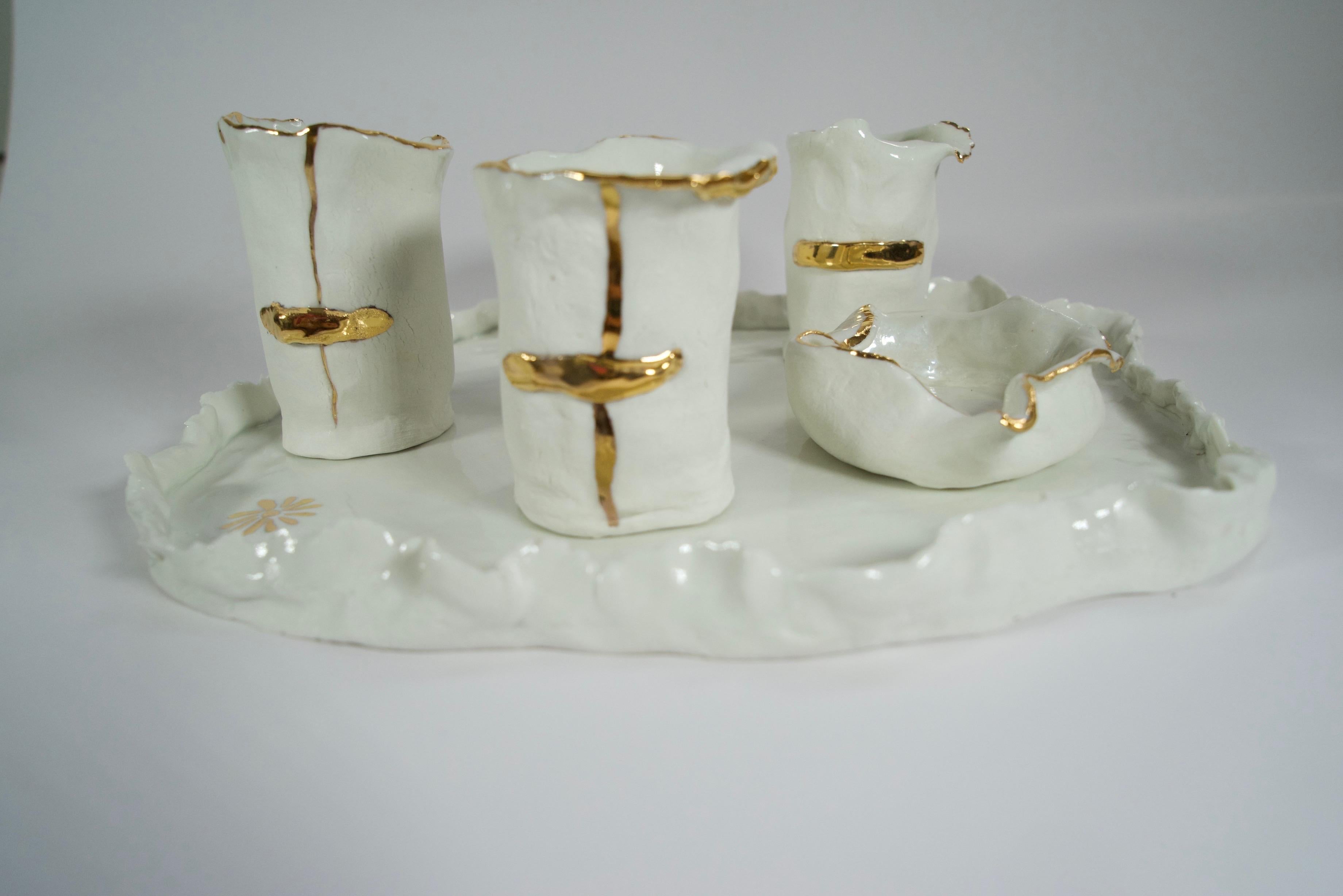 Hand-Crafted White on Gold Coffee Set by artist- designer Hania Jneid For Sale