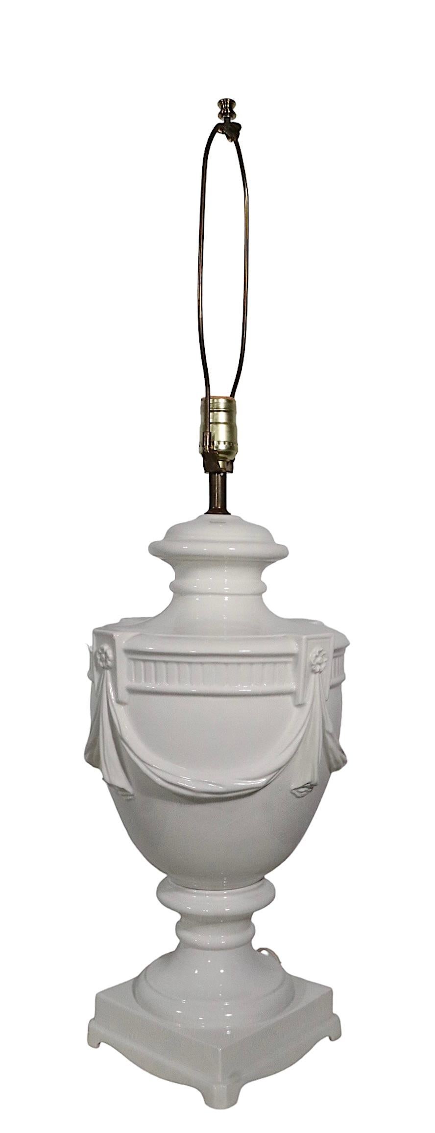 20th Century White on White Ceramic Urn Form Table Lamp Made in Italy, circa, 1950s-1970s For Sale