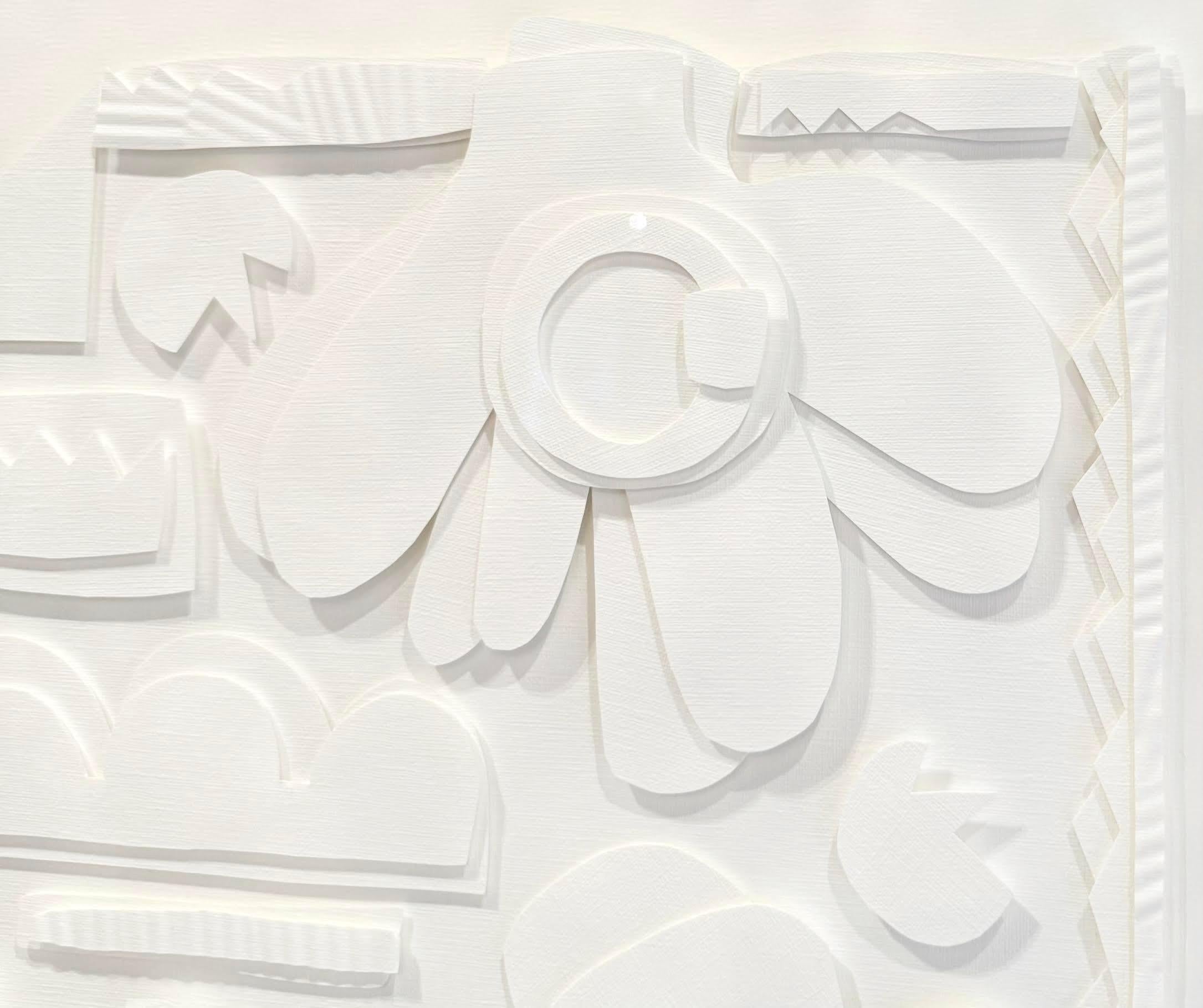 White on white paper cuts collage.
White wood frame.
Artist Nurit Amdur creates paper cuts and collages revolving around the journey of transition and turning something into “ something else “, the simple into complex and the subtle into an