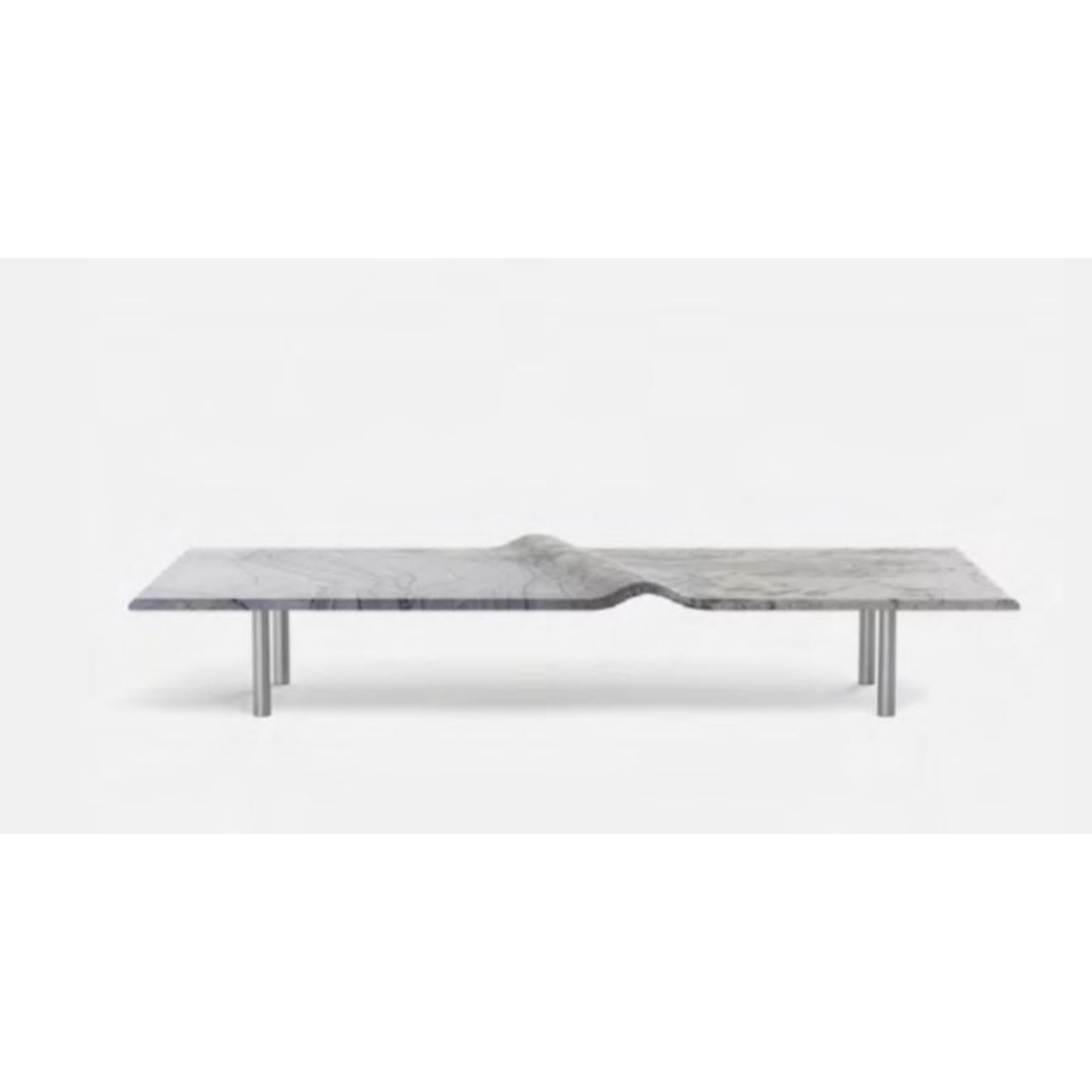 White Onda Coffee Table by Wentz
Dimensions: D 80 x W 160 x H 28 cm
Materials: Granite/Quartzite, Steel/Stainless Steel.

The Onda Center Table is associated with the image of the sea. The sculpture in the granite stone creates the perfect curve –
