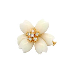 White Onyx Diamond 18K Yellow Gold Flower Brooch
