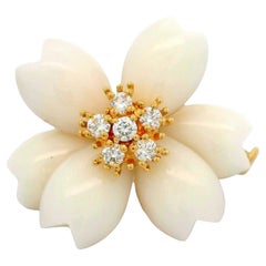 White Onyx Diamond 18K Yellow Gold Flower Brooch