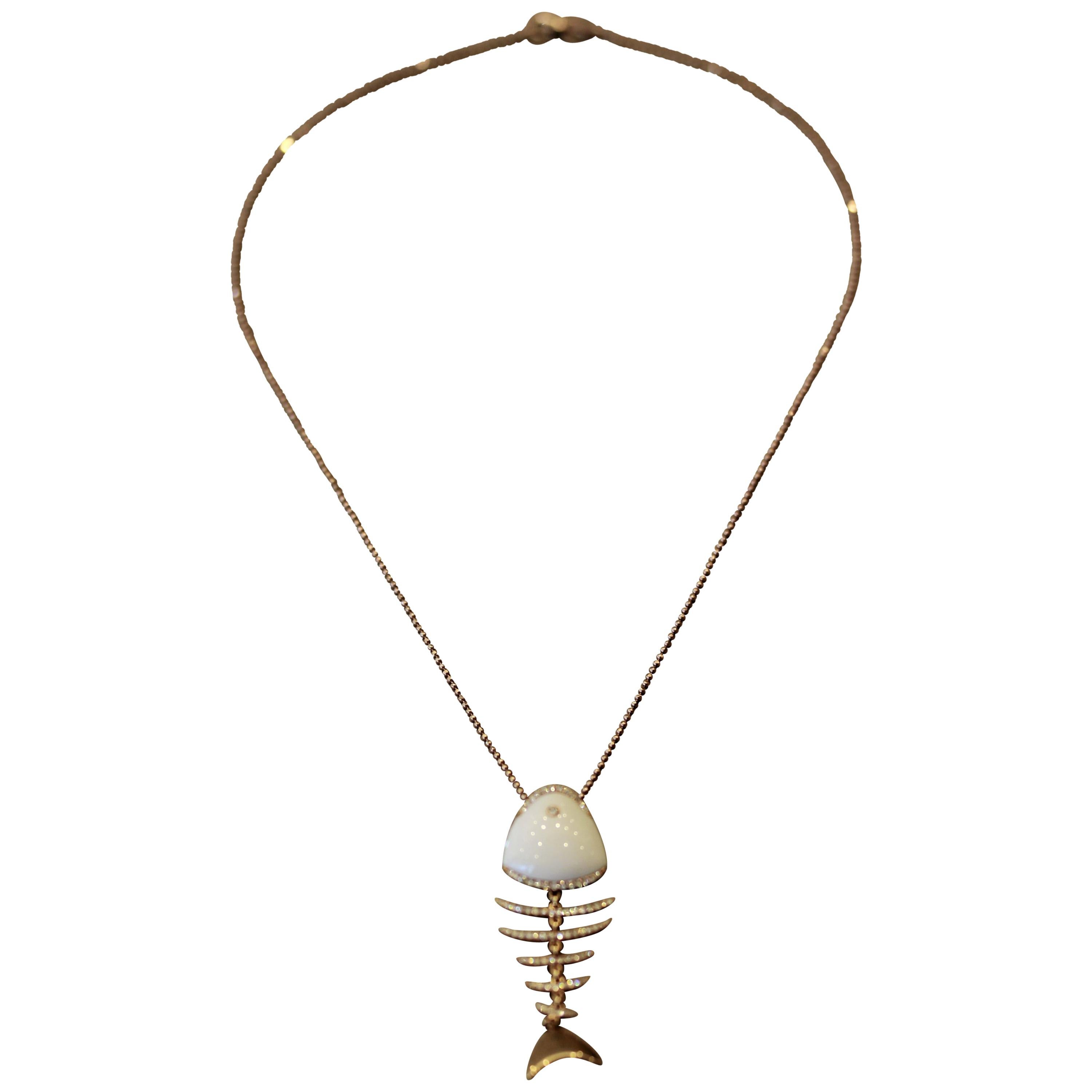 White Onyx Diamond Gold Fish-Bone Pendant Necklace For Sale