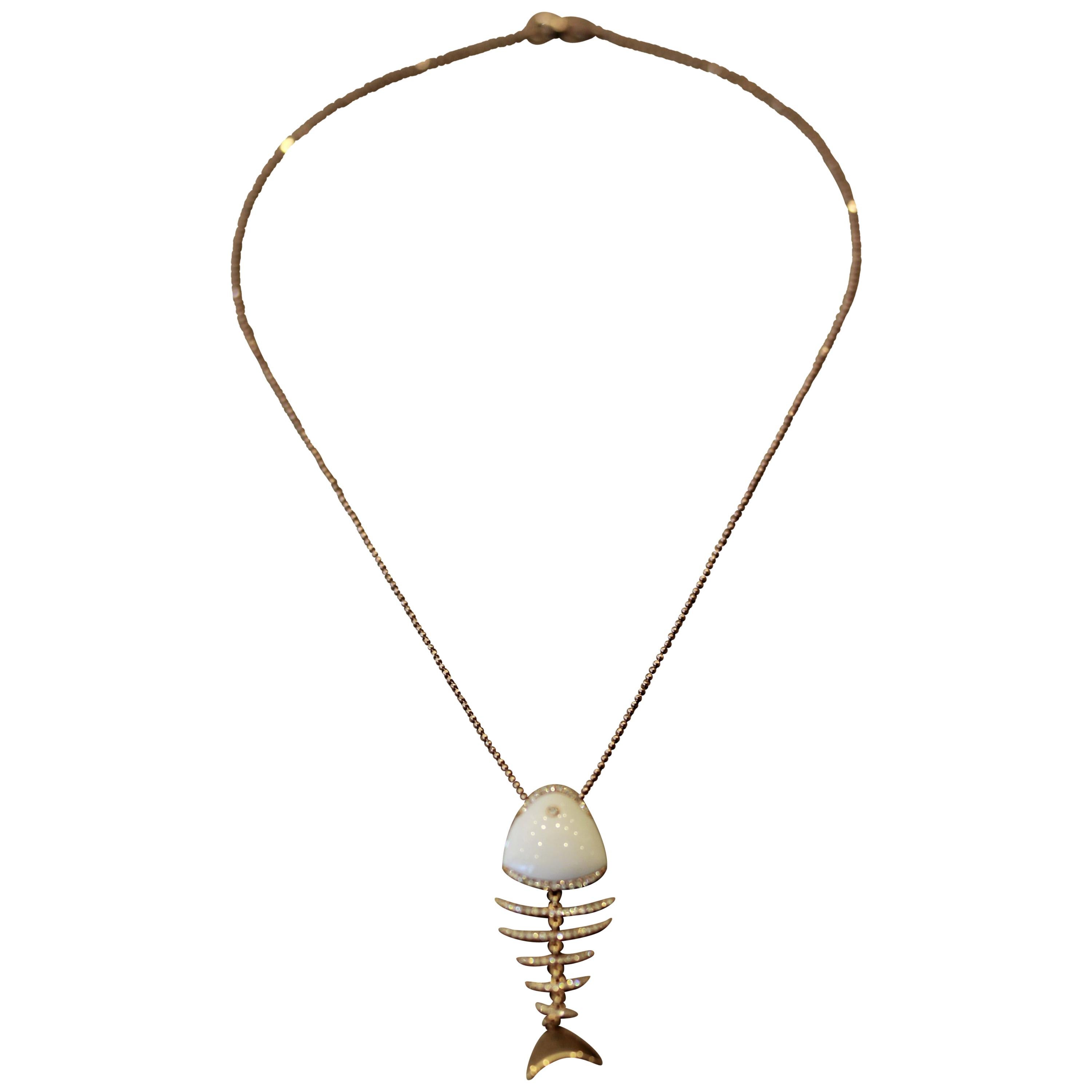 White Onyx Diamond Gold Fish-Bone Pendant Necklace