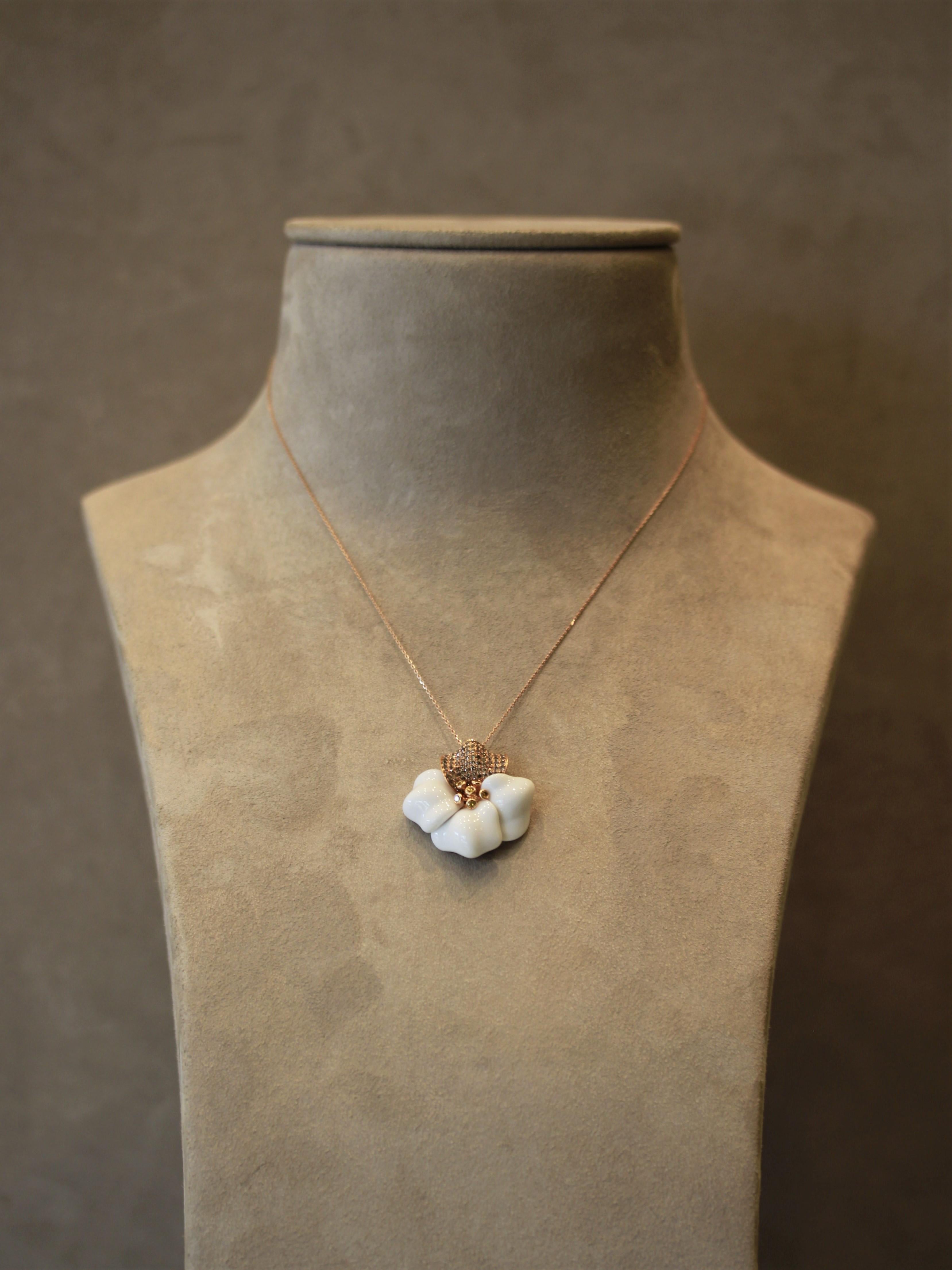 White Onyx Diamond Gold Flower Pendant Necklace For Sale 2