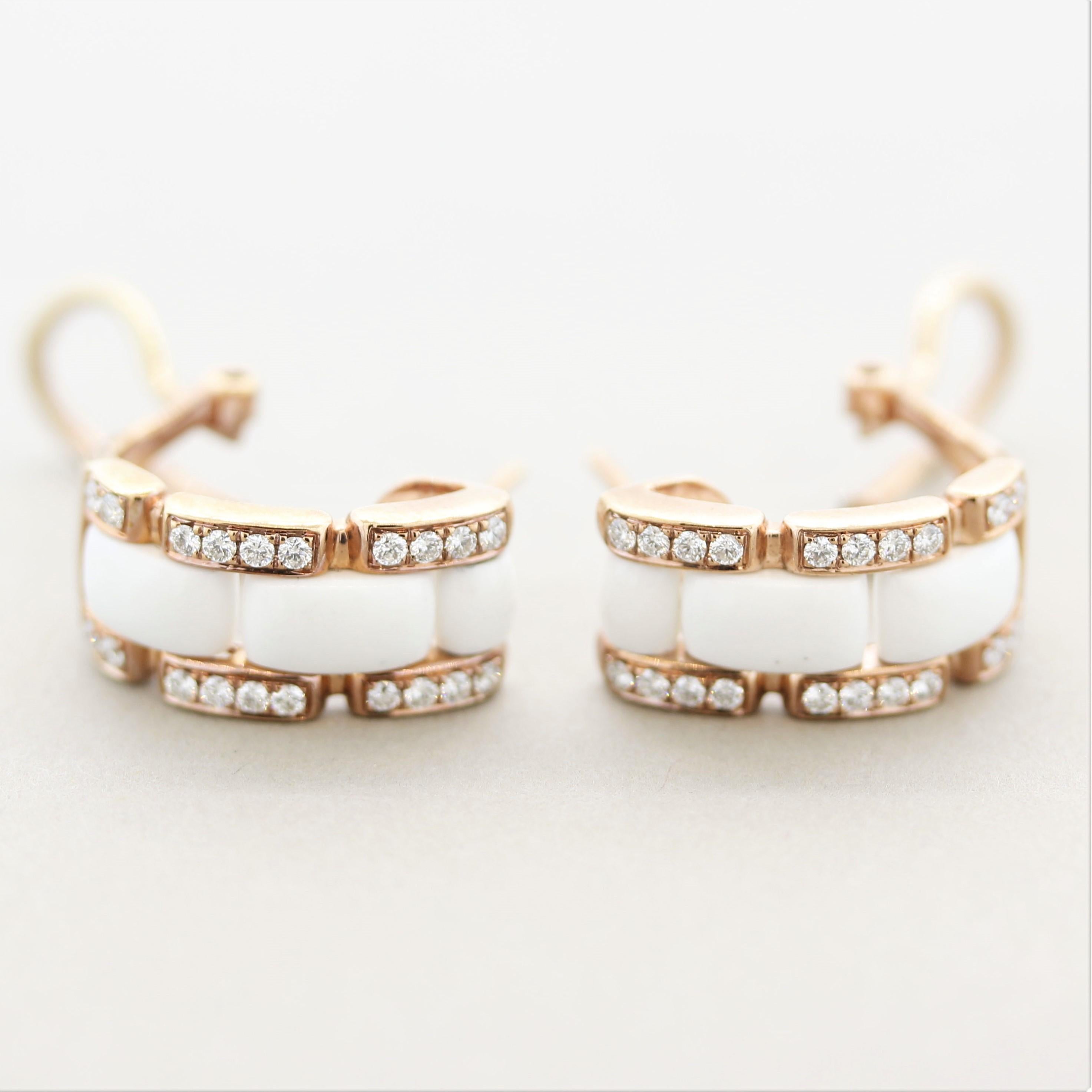 A modern pair of huggie earrings! They feature 6 pieces of smooth bright-white onyx which are accented by 0.39 carats of round brilliant-cut diamonds, adding brilliant and sparkle to the piece. Made in 18k rose gold, the piece has great contrast and