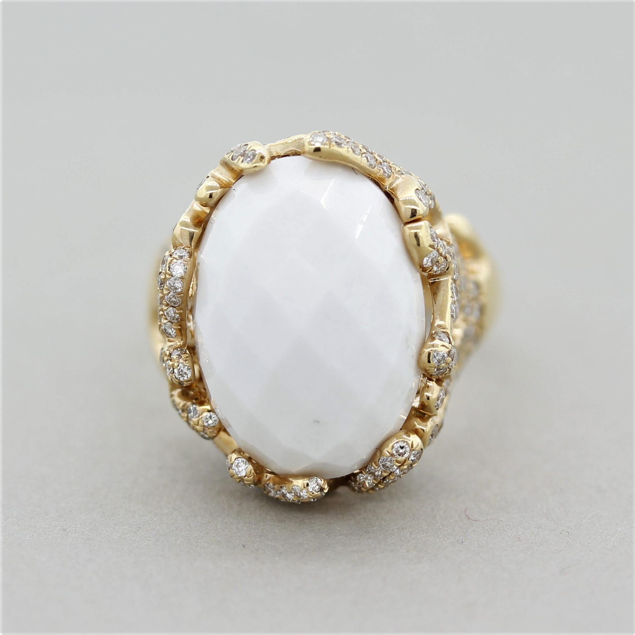 A simple yet stylish ring featuring a 13.10 carat rose-cut white onyx. It is accented by 1.53 carats of round brilliant-cut diamonds set in 18k rose gold. A stylish ring that can be worn casually or dressed up for a night out.

Ring Size 7