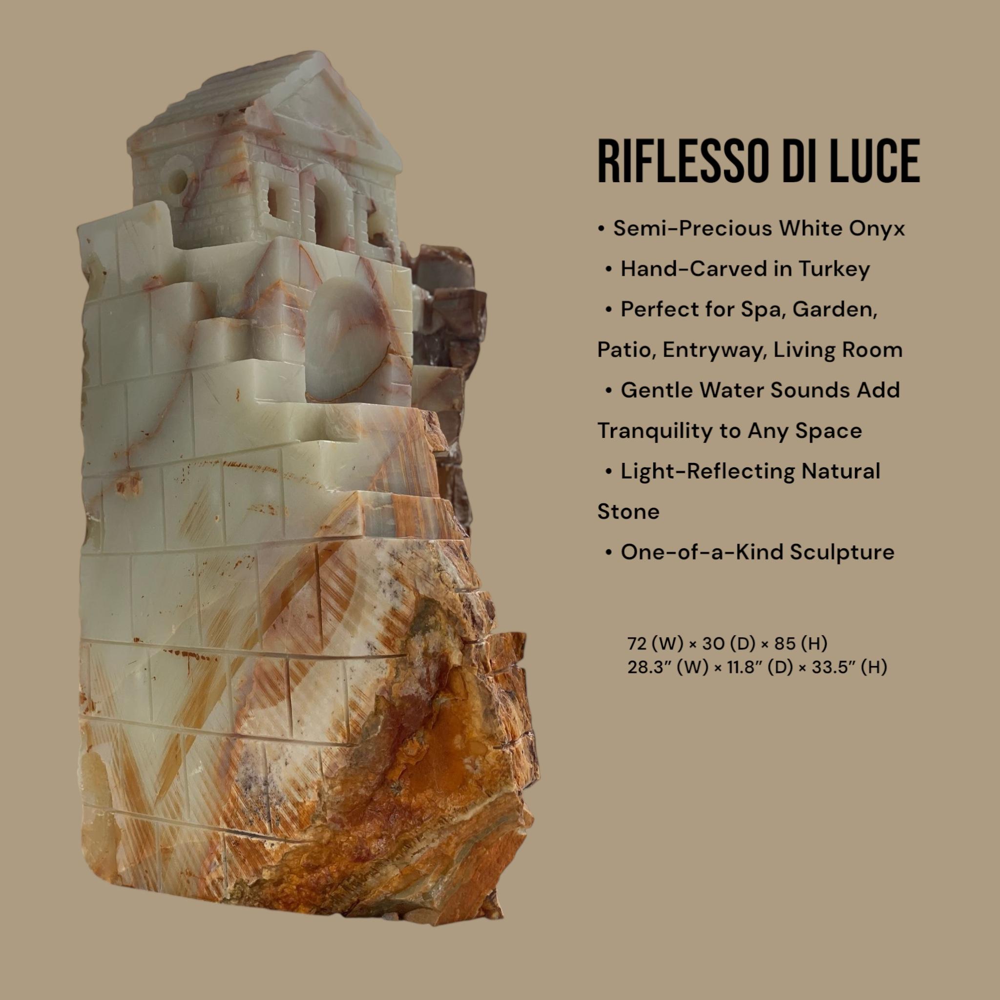 Esculpida en ónice blanco brillante y semiprecioso, Riflesso di Luce es más que una fuente: es una escultura viva donde la luz y el agua se encuentran en armonía. Con sus limpias líneas arquitectónicas y su radiante cuerpo de piedra, esta pieza