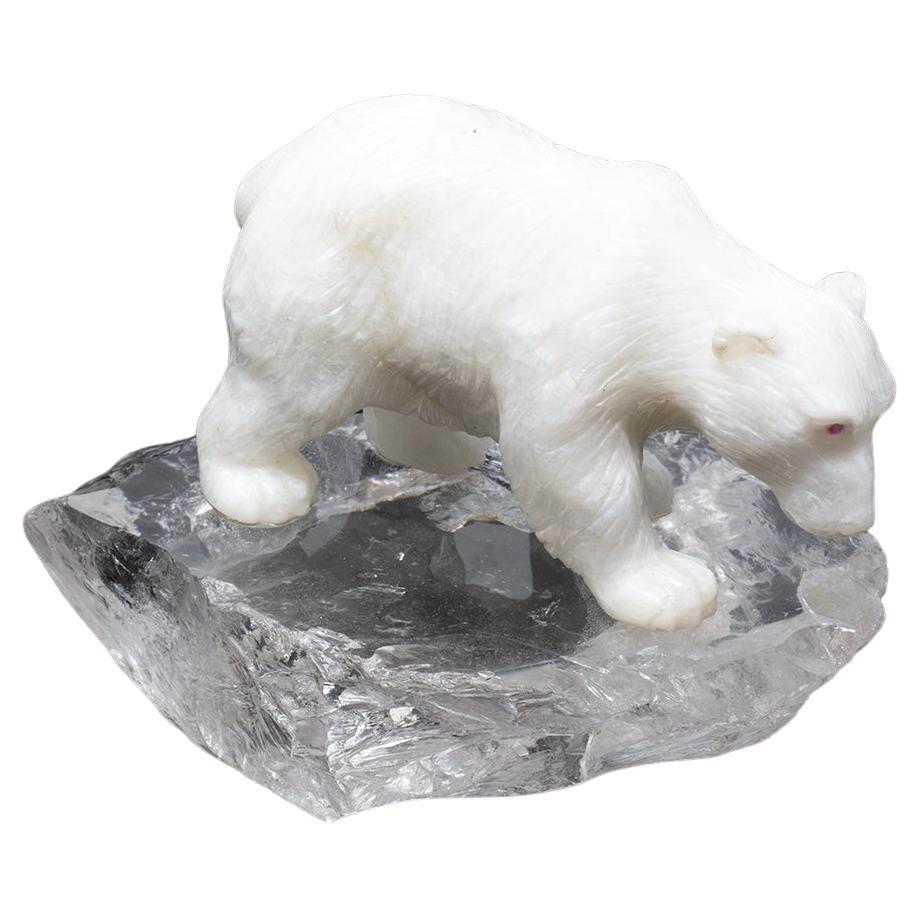 Polar Bear aus weißem Onyx von Alfred Lyndhurst mit Pfau (Faberge-Skulptur 1905-1915) im Angebot