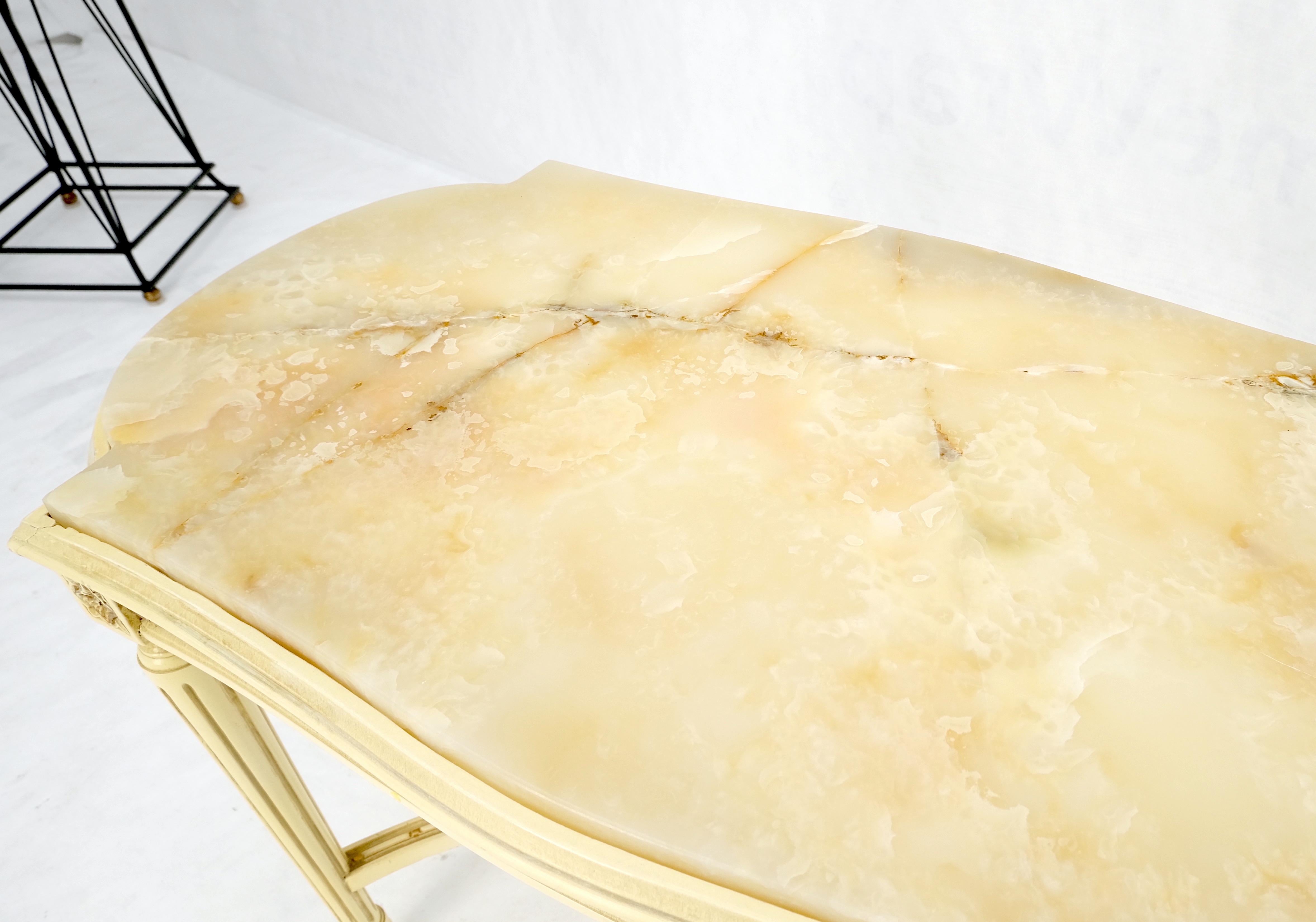 White Onyx Top Stadium Shape Top Beige Lacquer Carved Stretcher Base Side Table For Sale 4