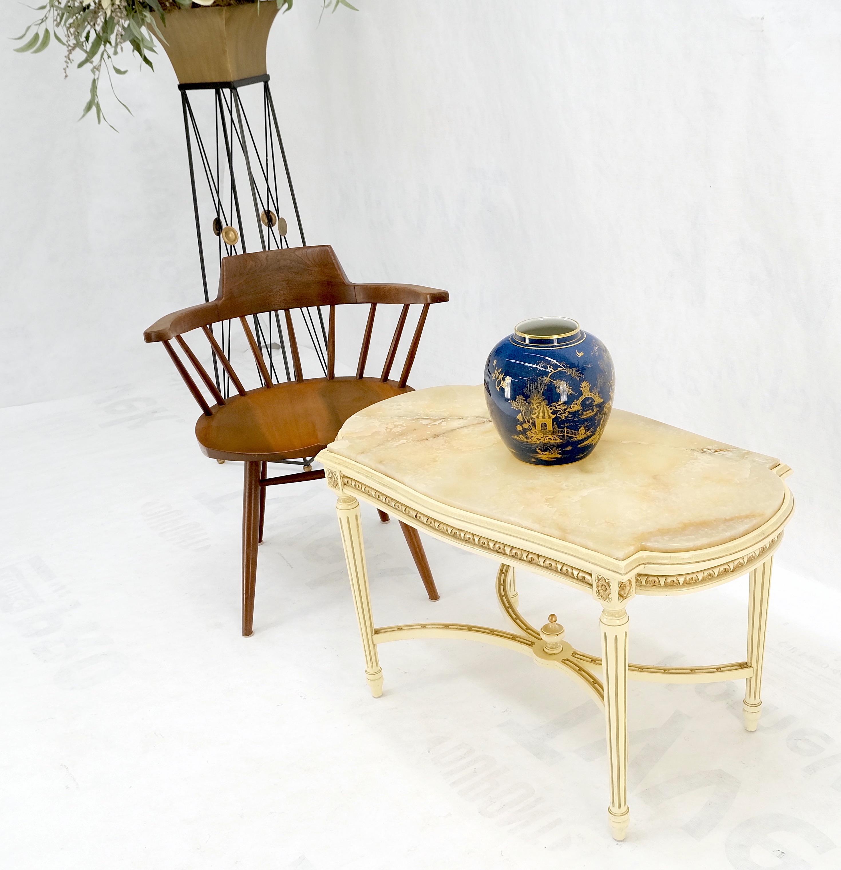 Marble White Onyx Top Stadium Shape Top Beige Lacquer Carved Stretcher Base Side Table For Sale