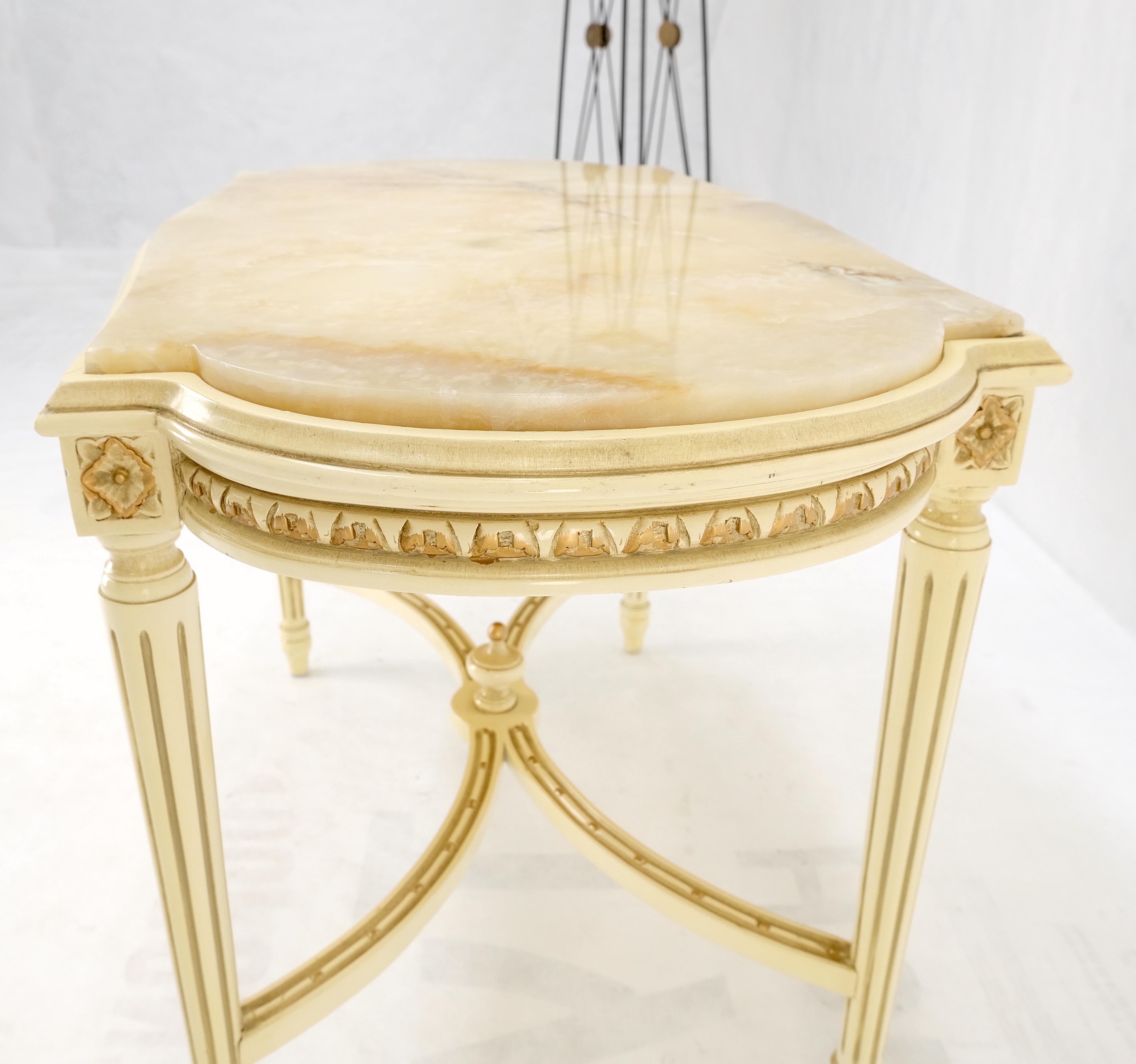 White Onyx Top Stadium Shape Top Beige Lacquer Carved Stretcher Base Side Table For Sale 2