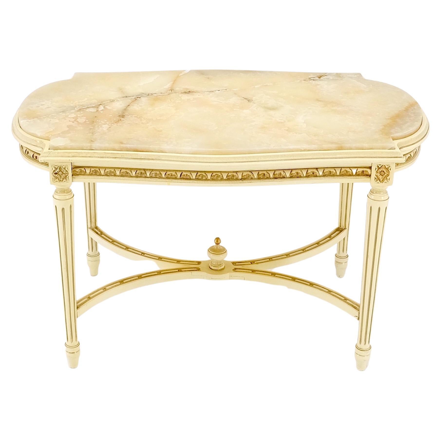 White Onyx Top Stadium Shape Top Beige Lacquer Carved Stretcher Base Side Table