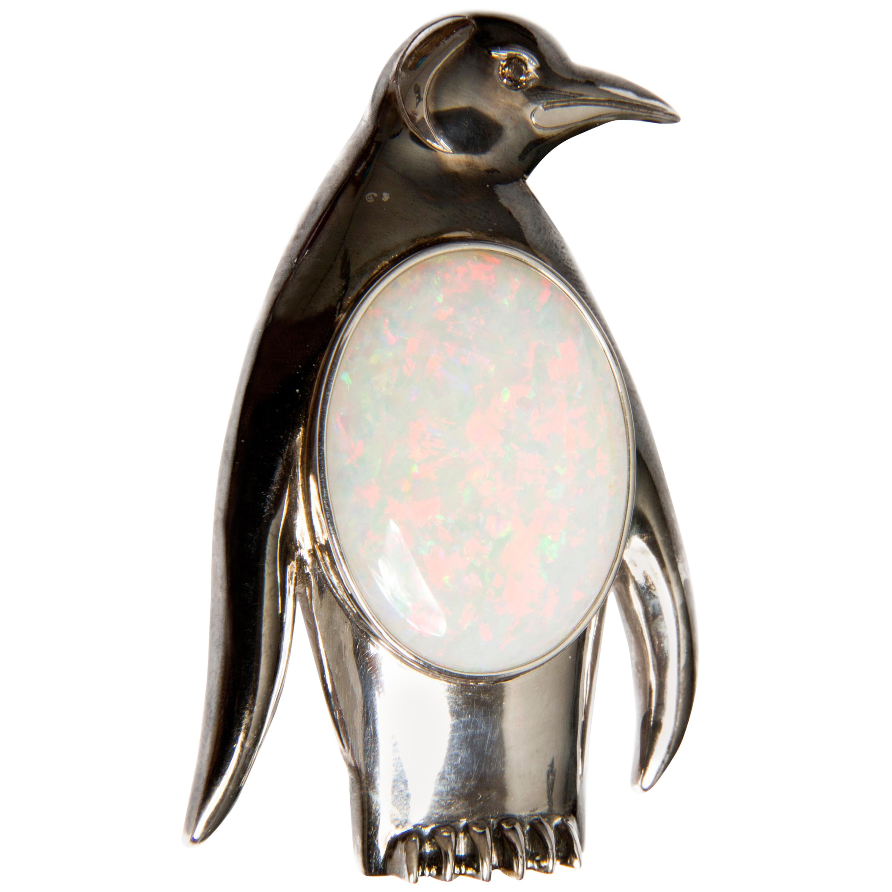 White Opal 17.57 Carat, Diamond and White Gold Penguin Brooch For Sale