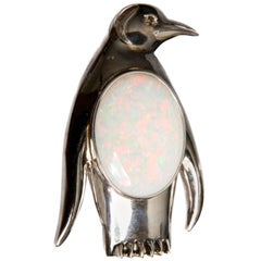 White Opal 17.57 Carat, Diamond and White Gold Penguin Brooch