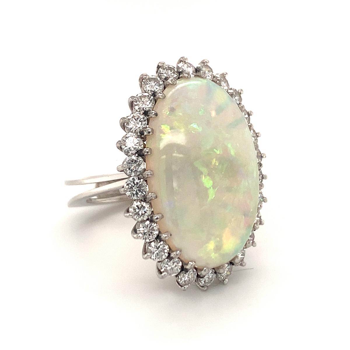 Women's White Opal and Diamond 18K White Gold Ring, circa 1970s For Sale