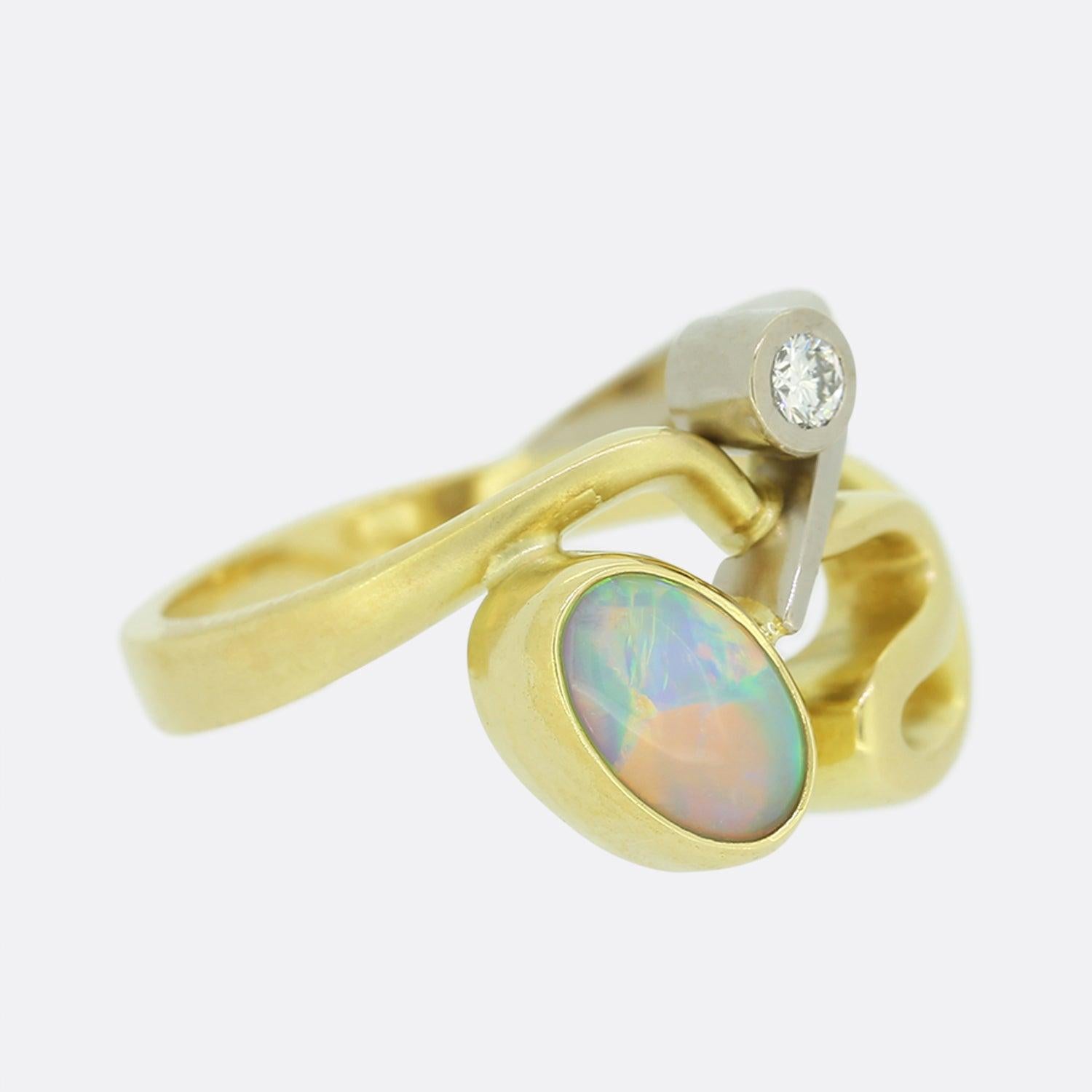 Oval Cut White Opal and Diamond Abstract Ring For Sale