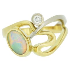 White Opal and Diamond Abstract Ring