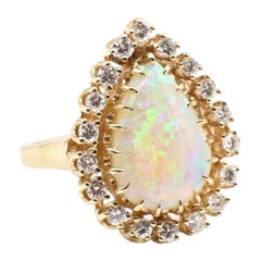 White Opal and Diamond Pear Shape Cocktail Ring 14 Karat Yellow Gold