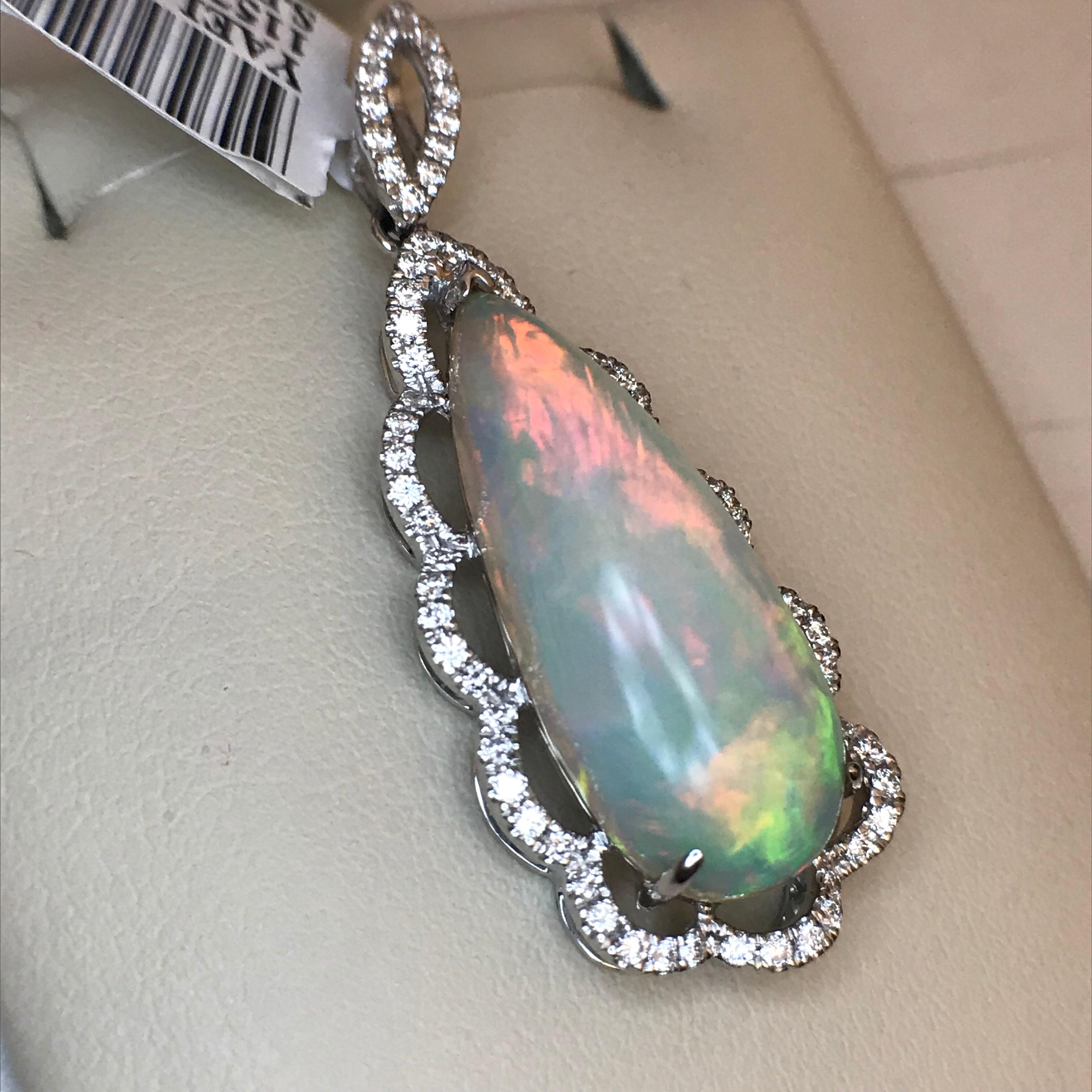 Pear Cut White Opal and Diamond Pendant For Sale