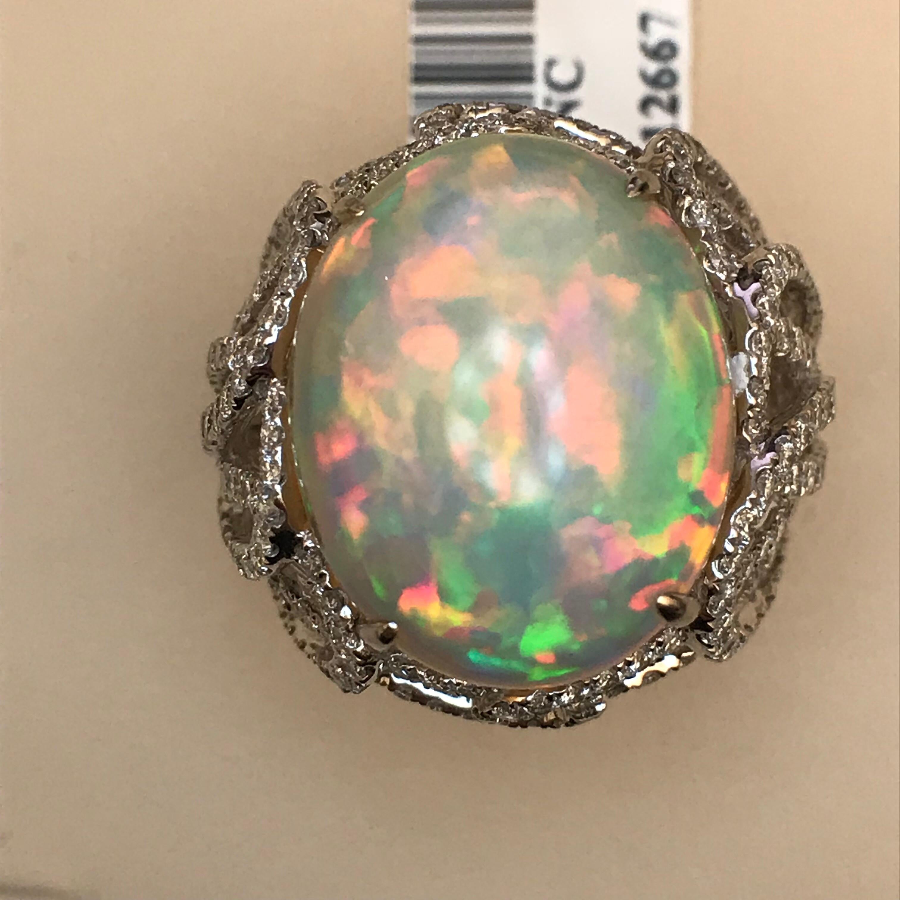 Oval Cut White Opal and Diamond Ring For Sale