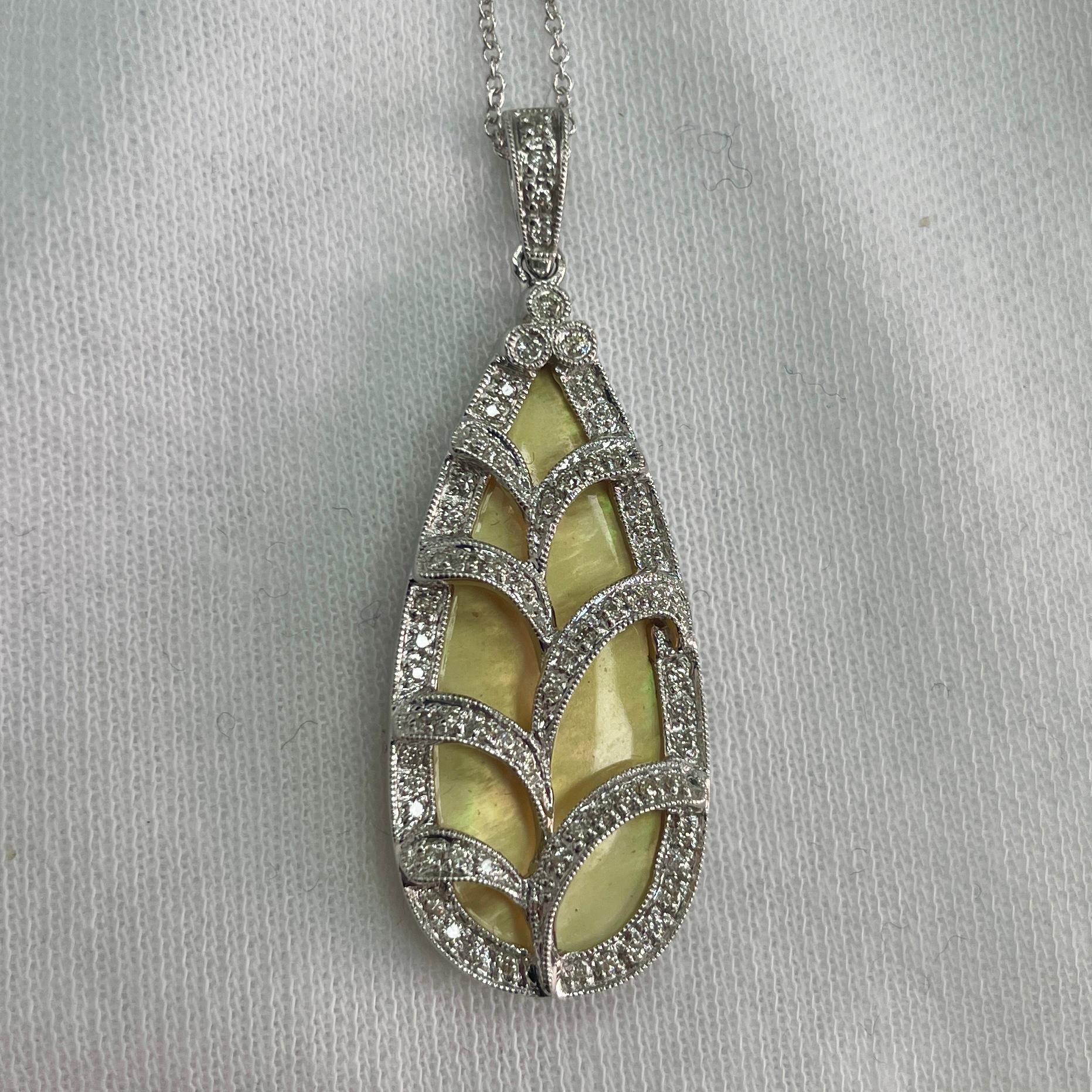 Pear Cut White Opal and Diamond White Gold Pendant For Sale