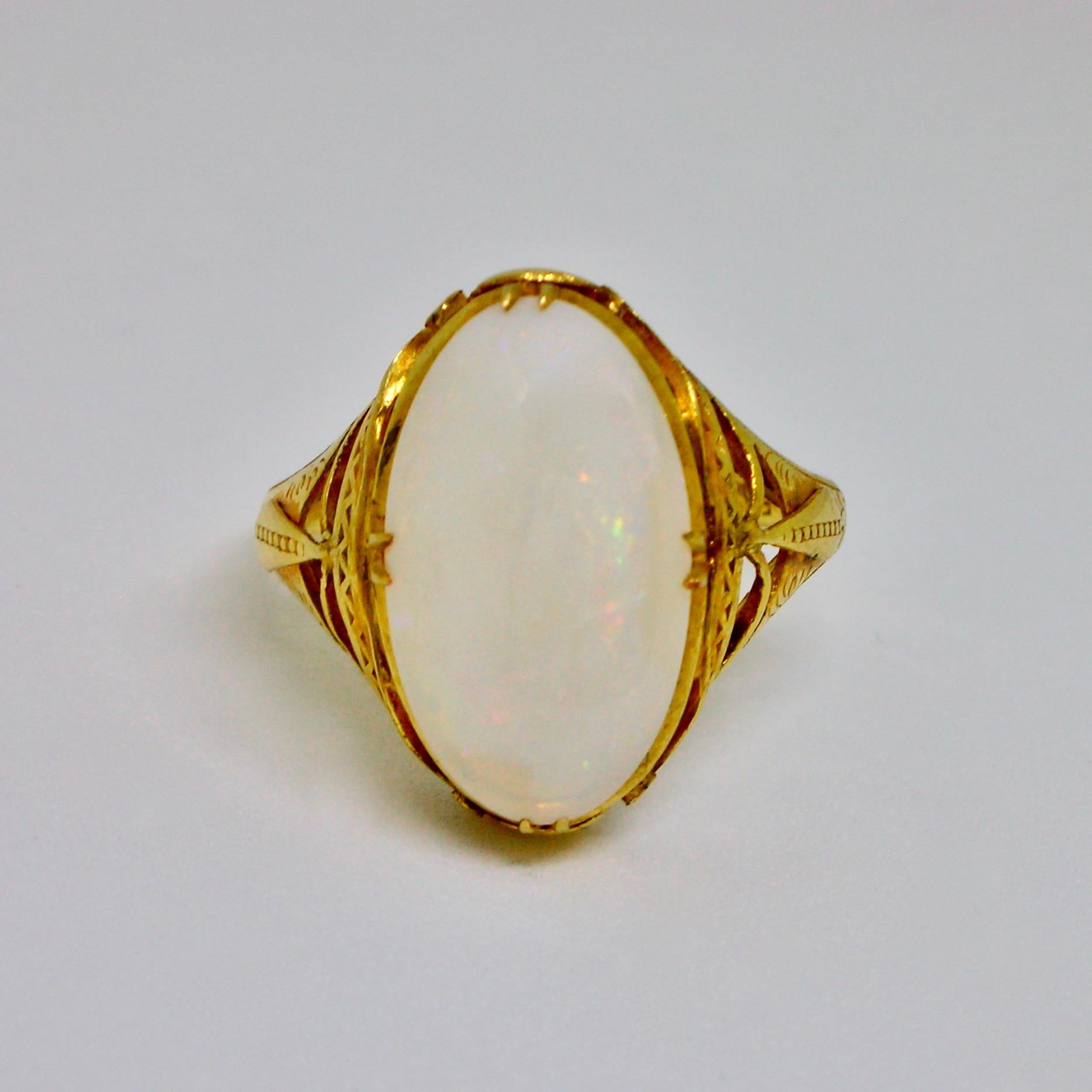 Oval Cut White Opal Art Nouveau Ring For Sale