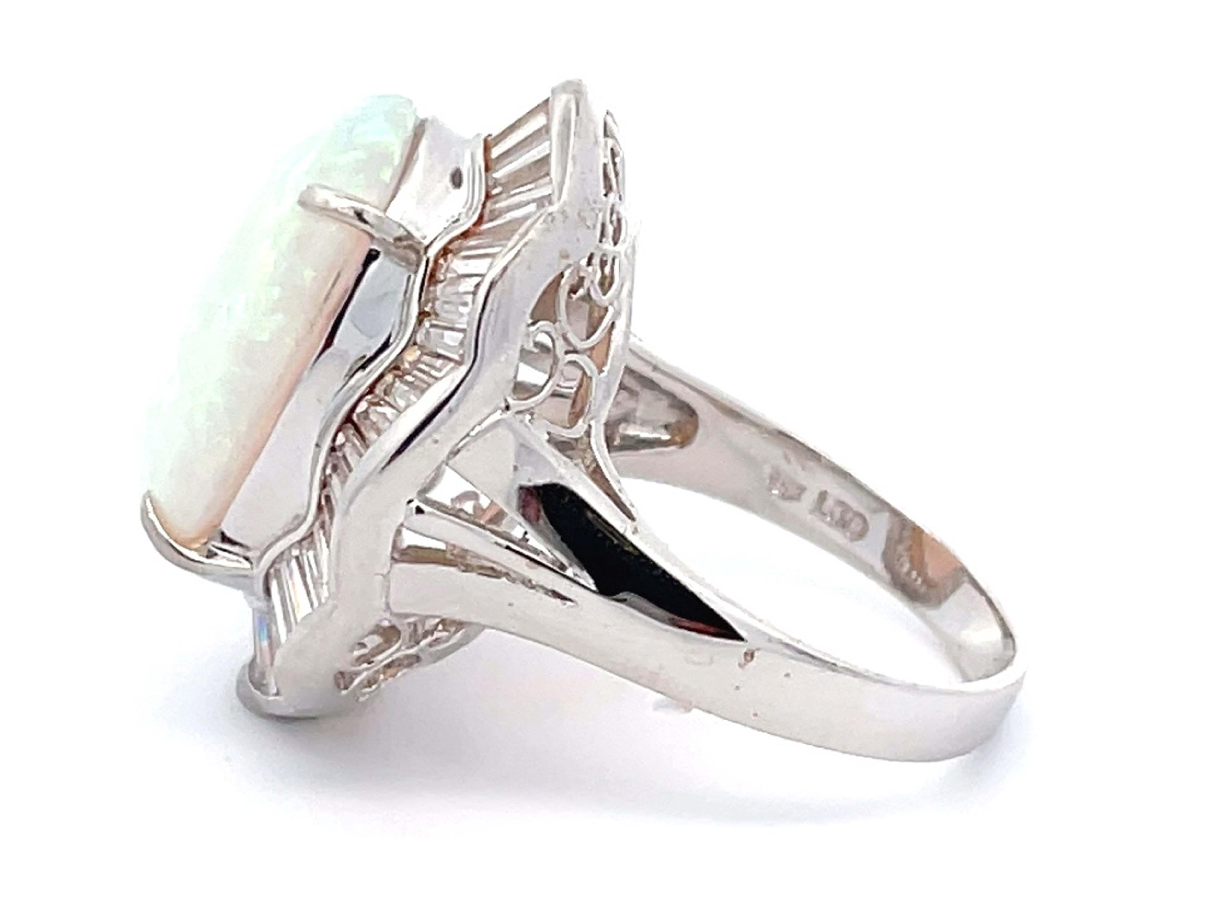 Oval Cut White Opal Ballerina Diamond Ring in 14k White Gold