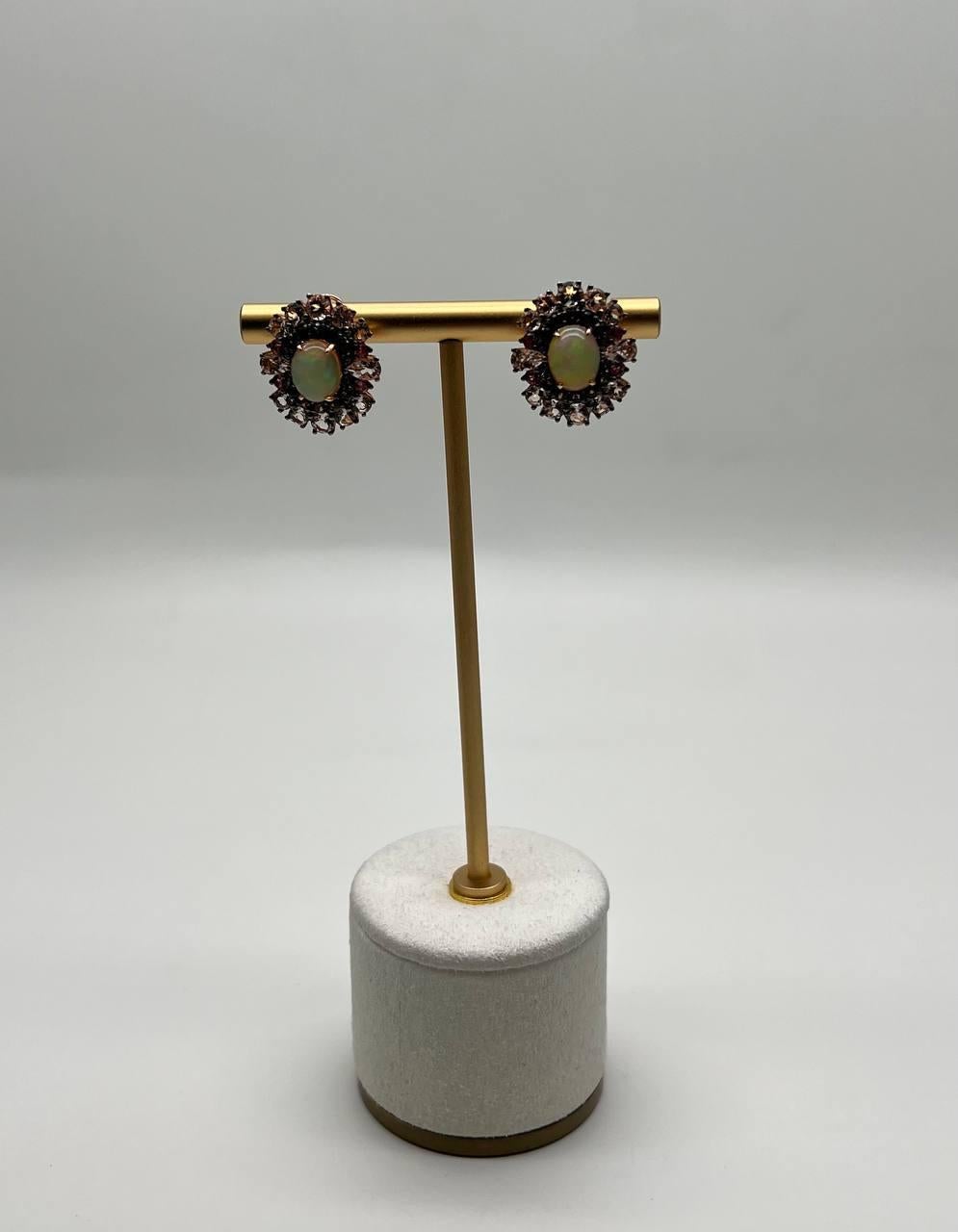 Women's White Opal Brown Diamonds Peach Morganites 18K Rose Gold Statement Earrings For Sale