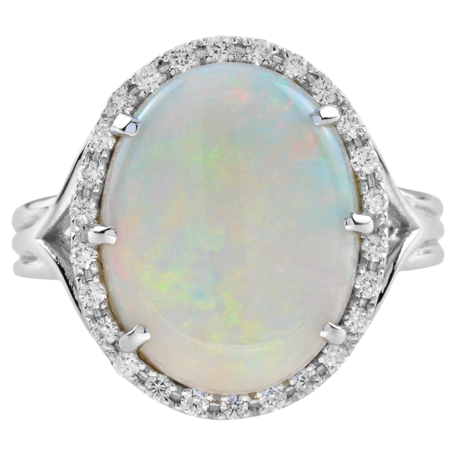 White Opal & Diamond Vintage Style Halo Set 18K White Gold Cocktail Ring
