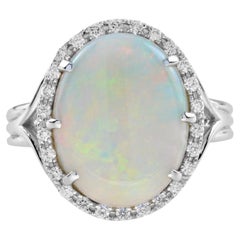 White Opal & Diamond Vintage Style Halo Set 18K White Gold Cocktail Ring